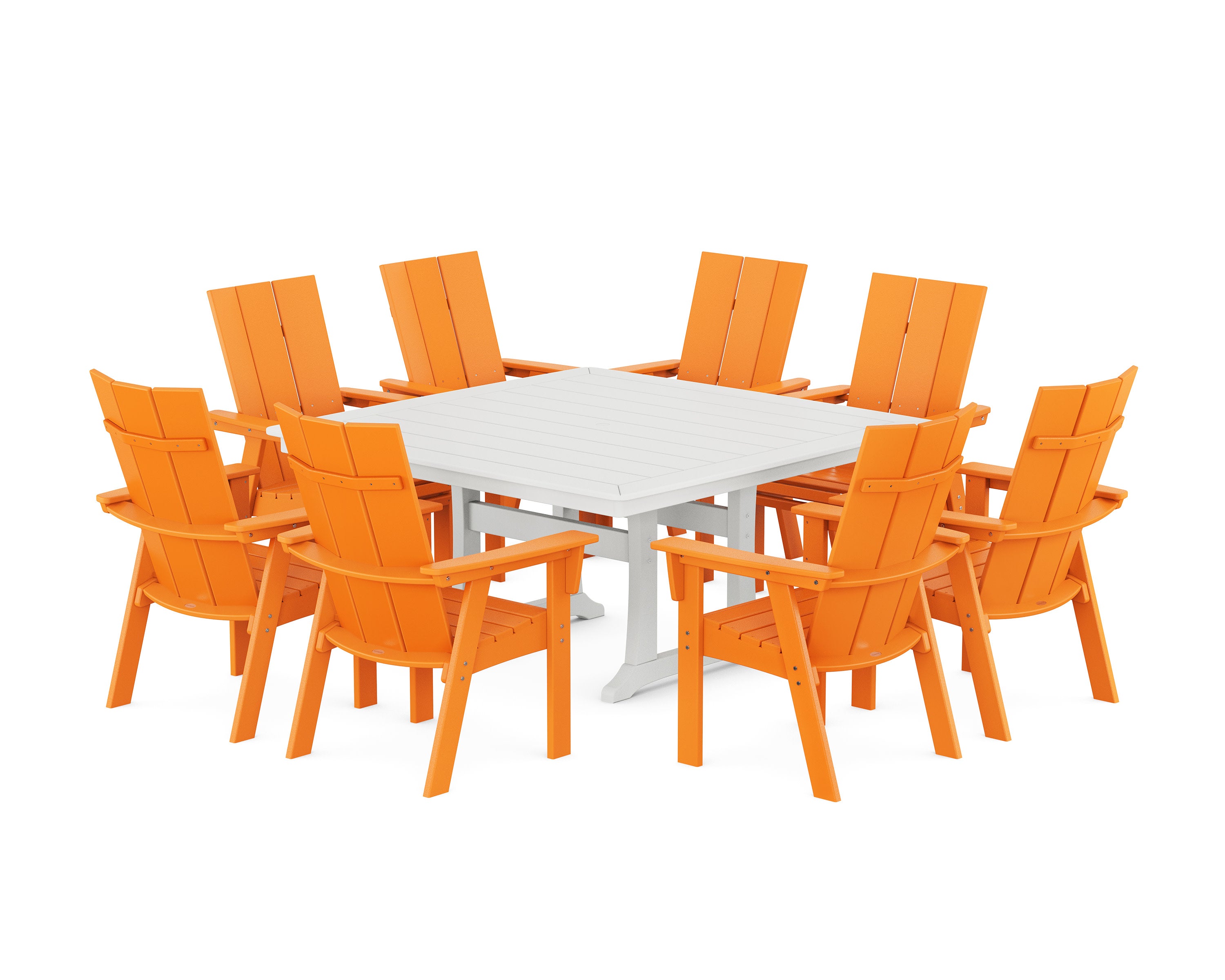 Modern Curveback Adirondack 9-Piece Square Dining Set with Trestle Legs in Tangerine / White
