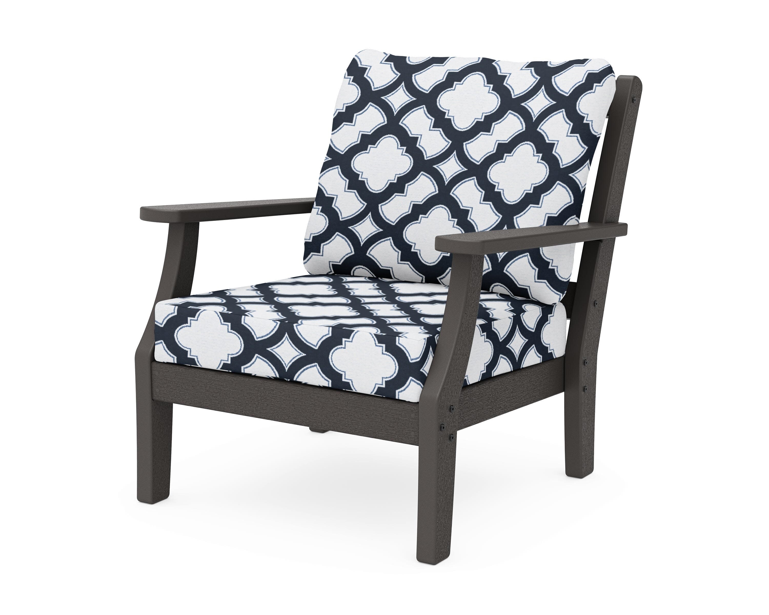 Chinoiserie Deep Seating Chair in Vintage Coffee / Trellis Marine Indigo