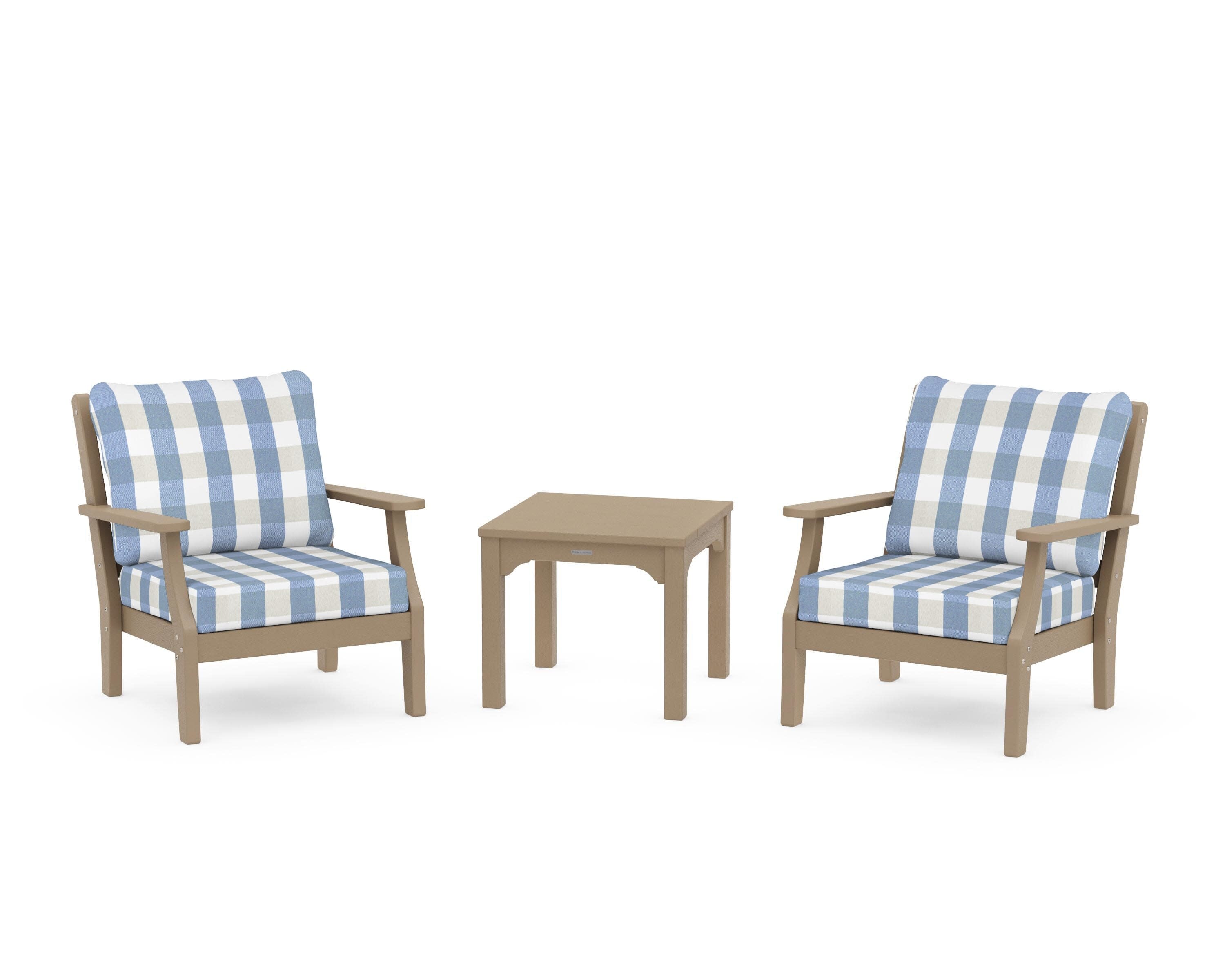 Chinoiserie 3-Piece Deep Seating Set in Vintage Sahara / Buffalo Plaid Sky Blue
