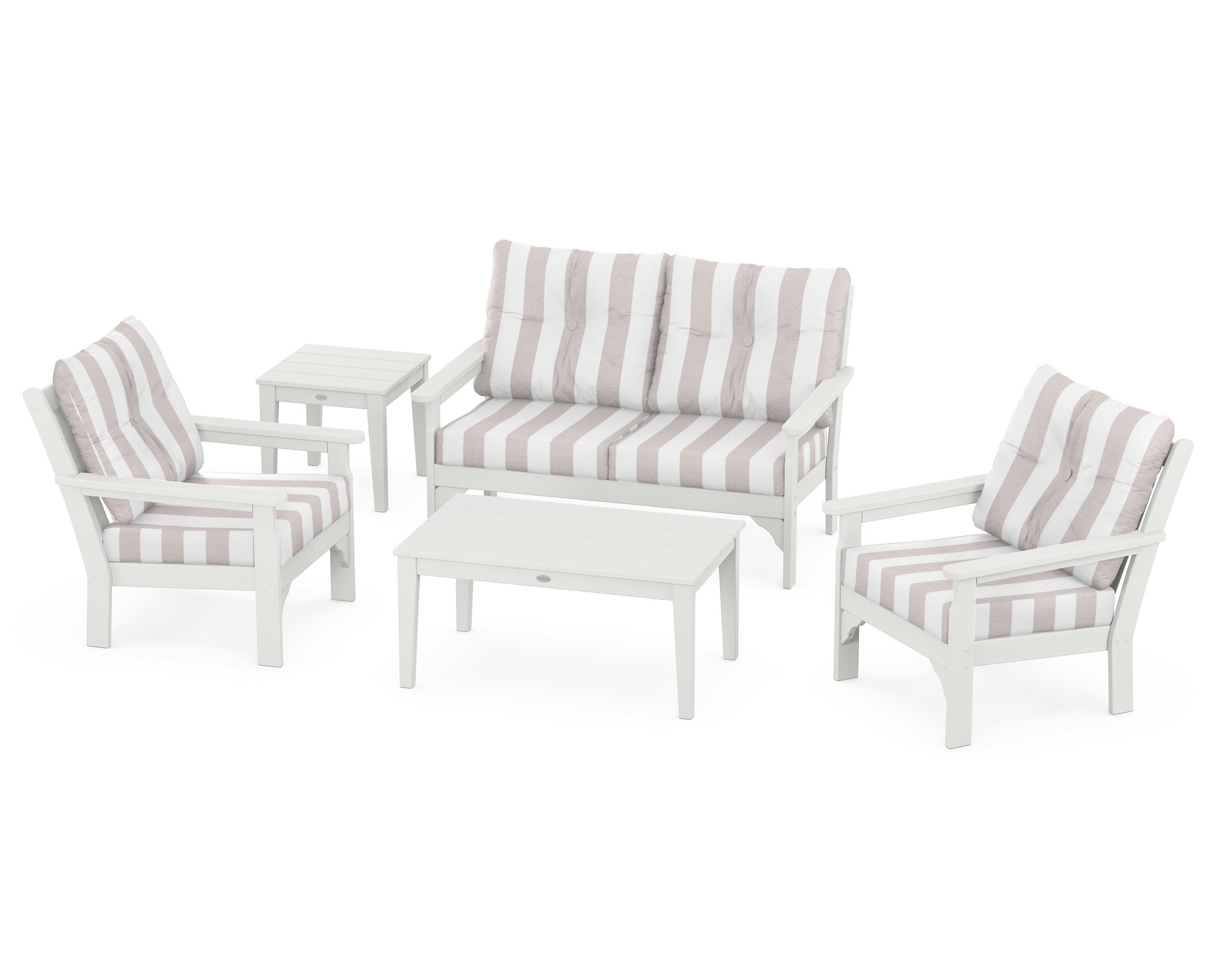 Vineyard 5-Piece Deep Seating Set in Vintage White / Cabana Stripe Dune Burlap