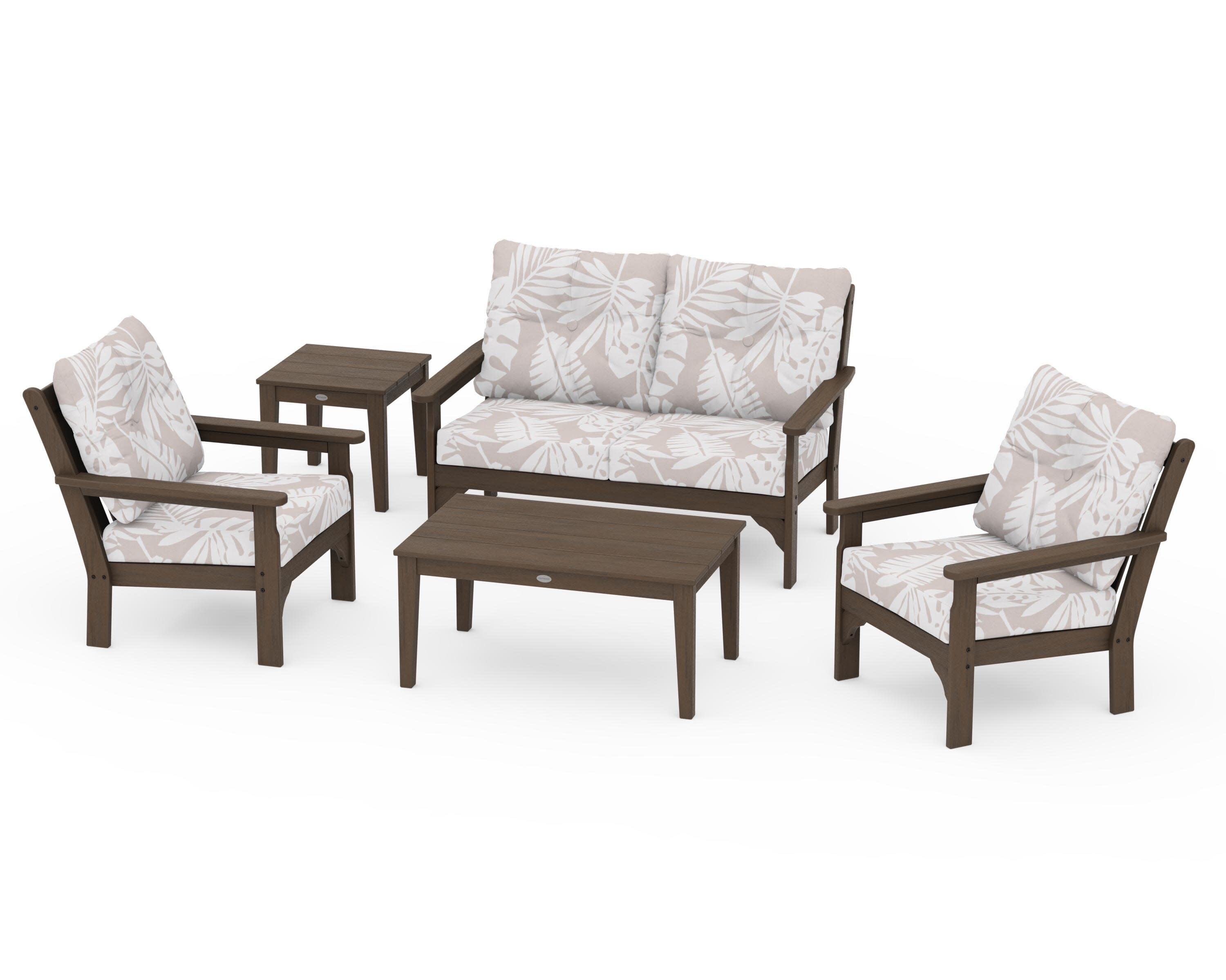 Vineyard 5-Piece Deep Seating Set in Kona / Leaf Dune Burlap