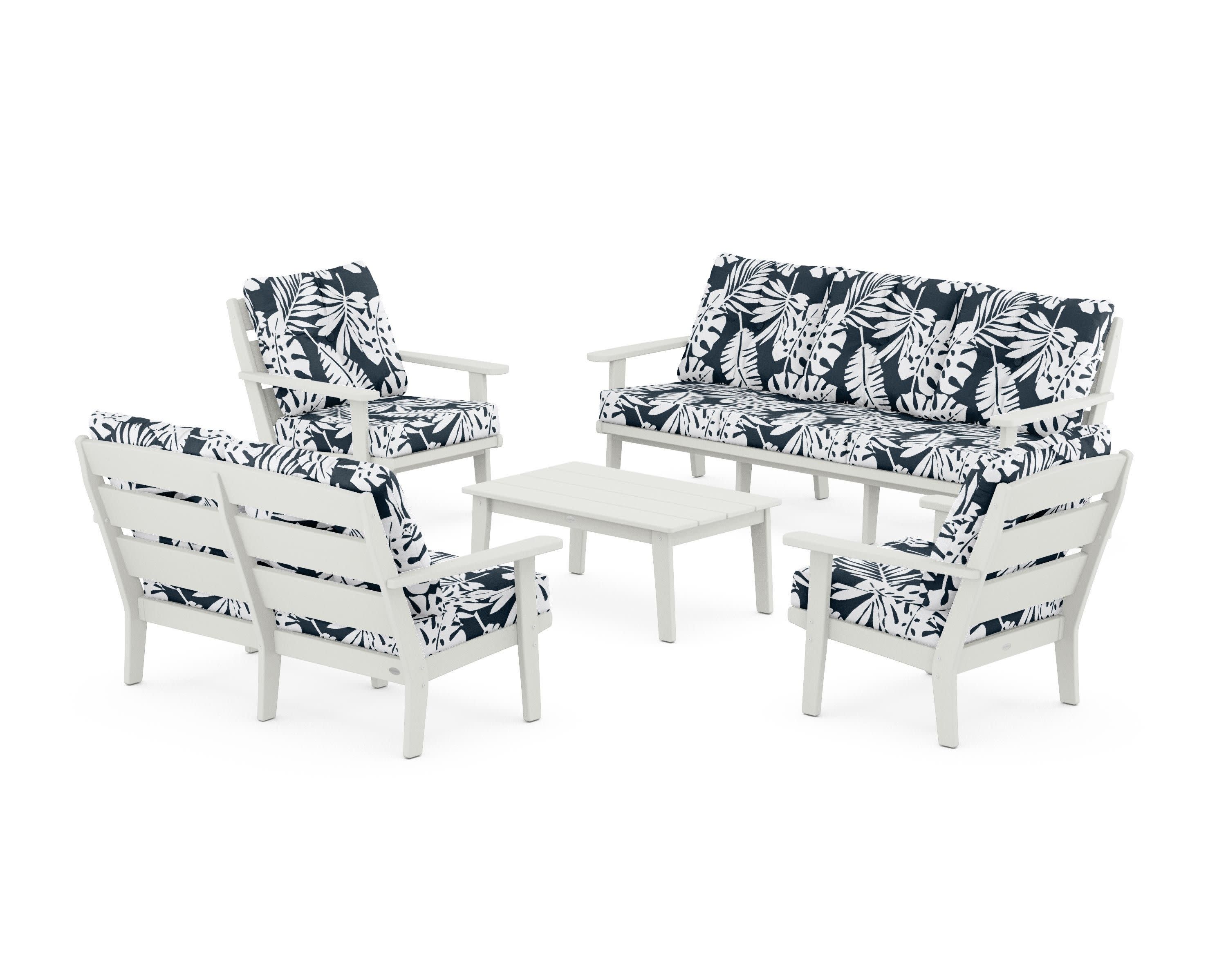 Lakeside 5-Piece Lounge Sofa Set in Vintage White / Leaf Marine Indigo