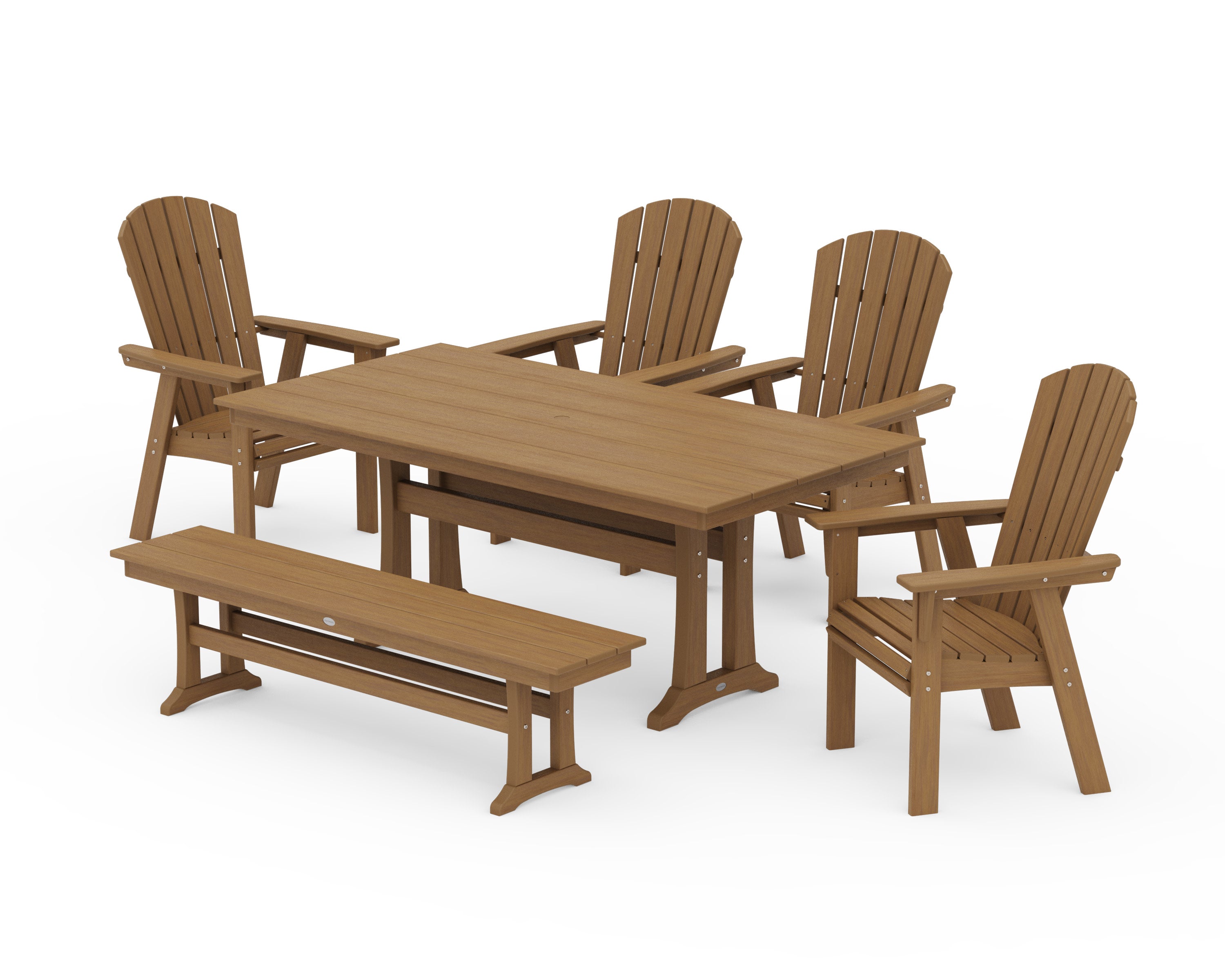 Nautical Curveback Adirondack 6-Piece Farmhouse Dining Set with Trestle Legs and Bench in Natural
