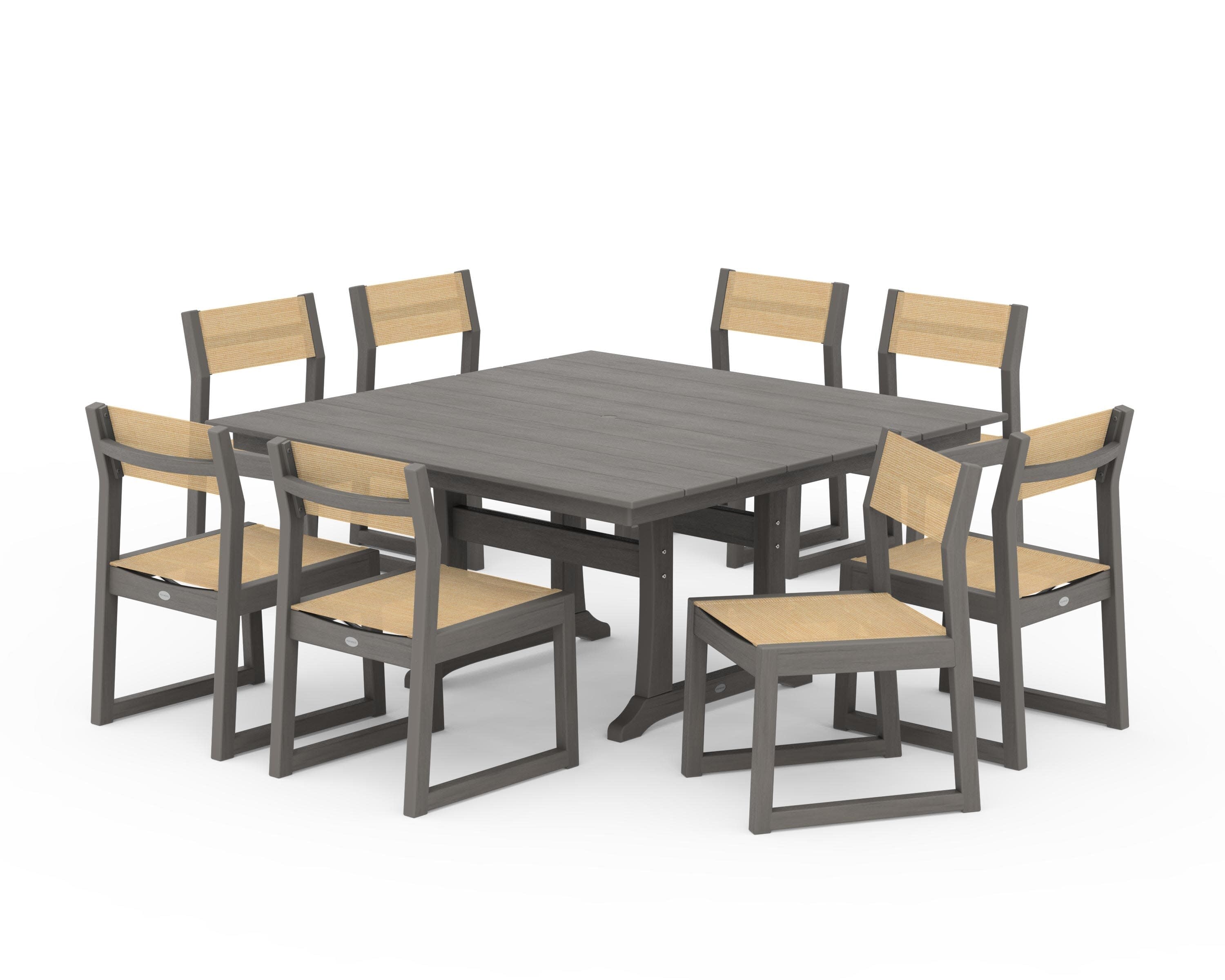 EDGE Sling Side Chair 9-Piece Farmhouse Trestle Dining Set in Driftwood / Dupioni Apricot Sling