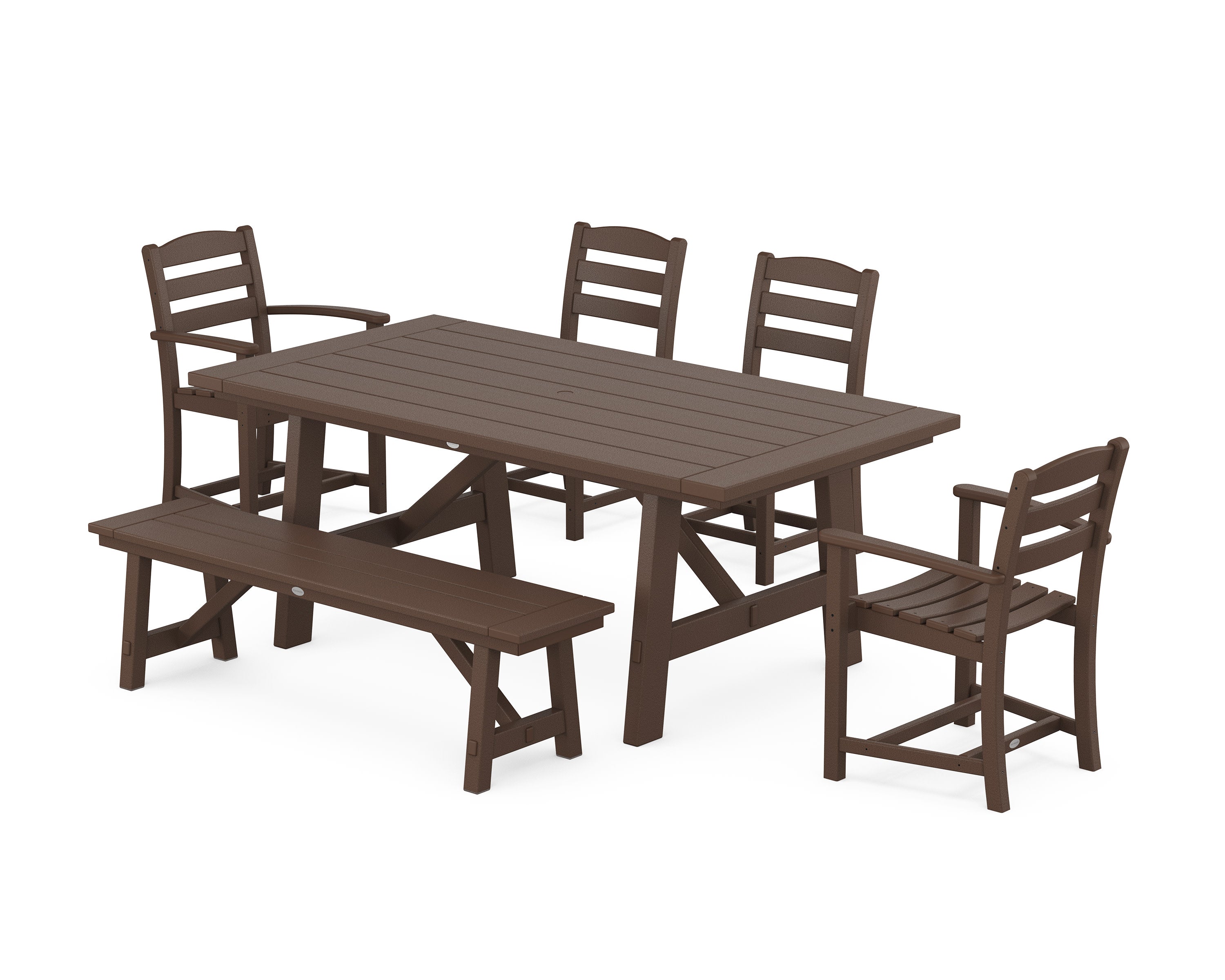 La Casa Caf 6-Piece Rustic Farmhouse Dining Set with Bench in Mahogany