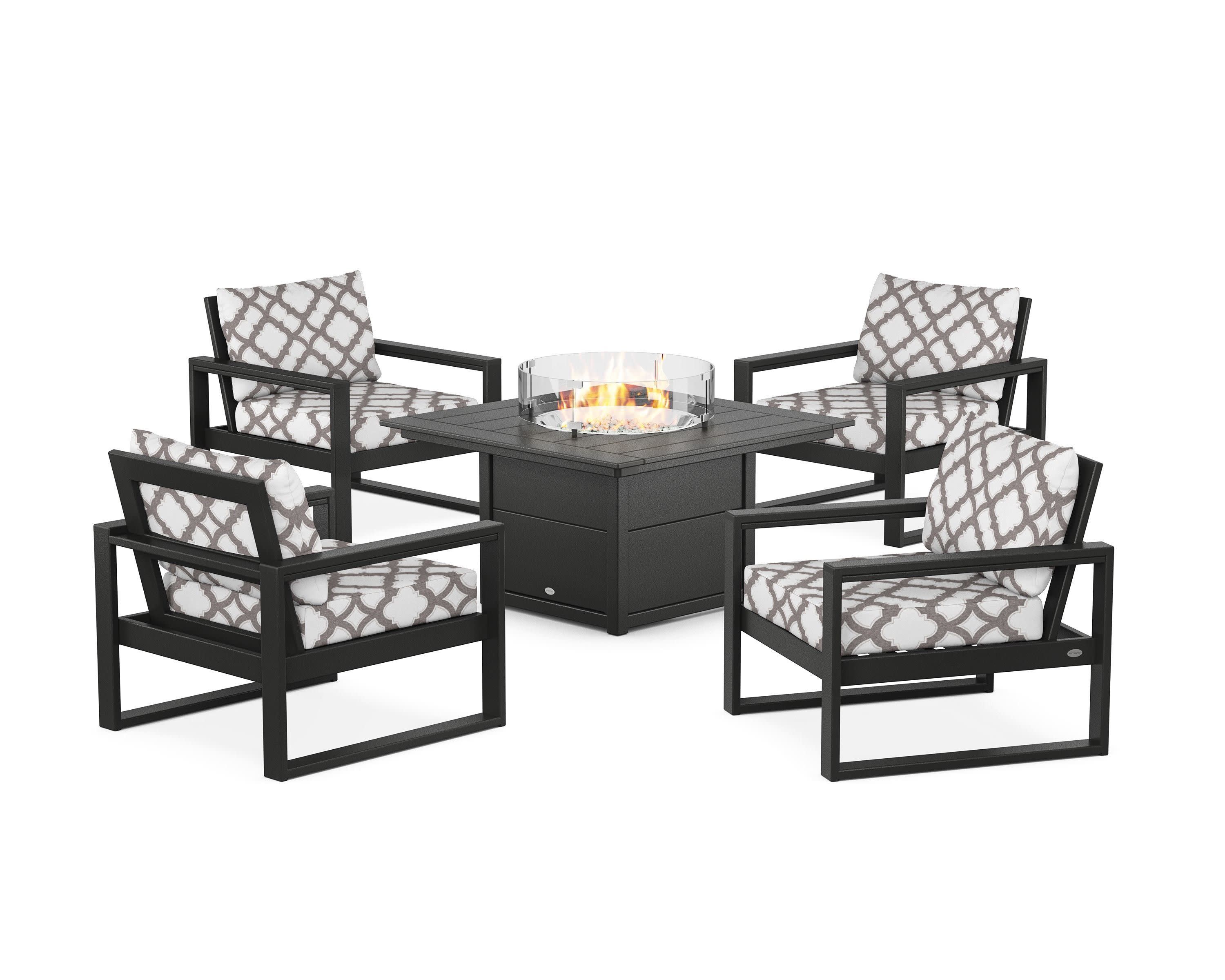 EDGE Sectional 5-Piece Deep Seating Set with Fire Pit Table in Black / Trellis Grey Mist