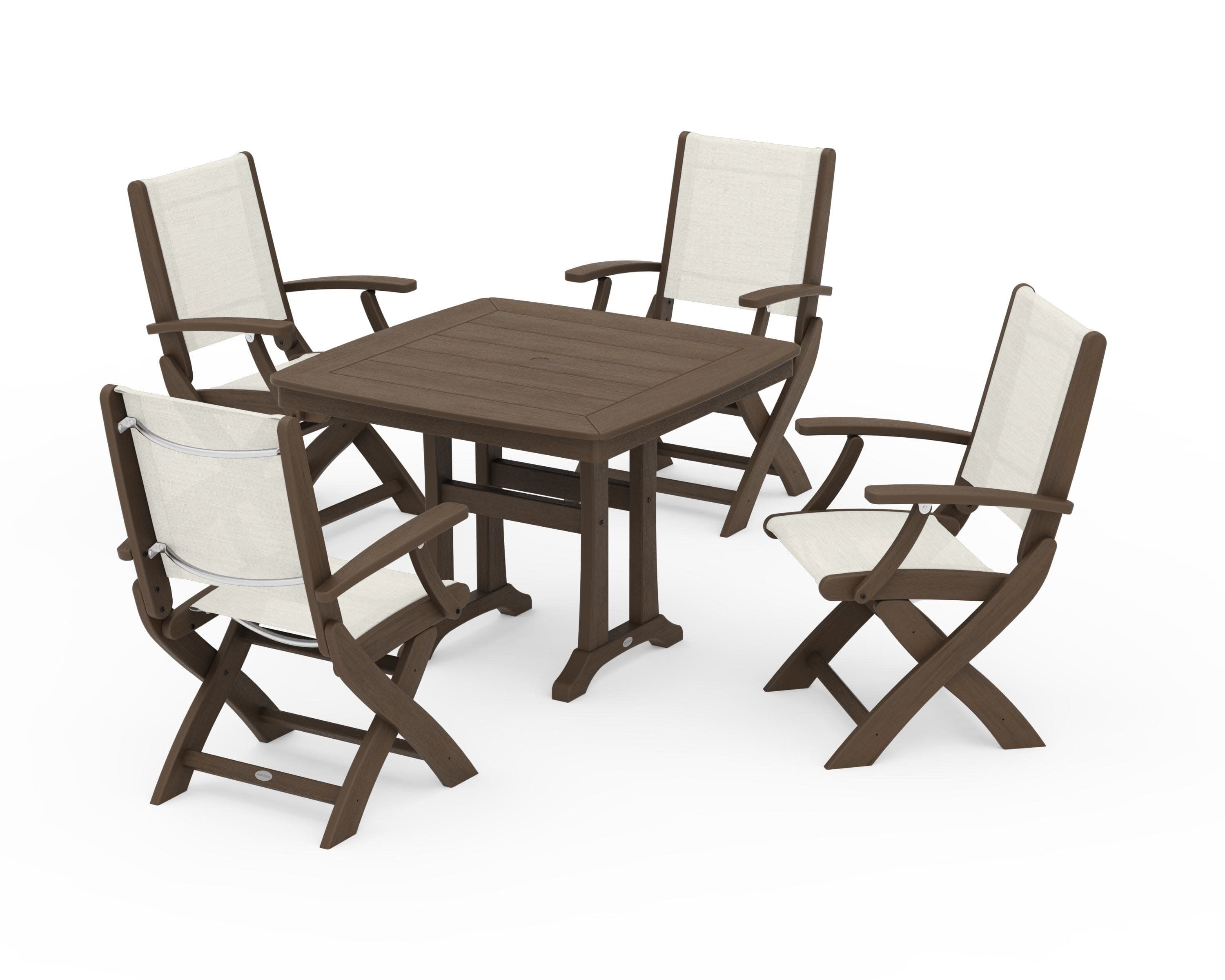 Coastal Folding Chair 5-Piece Dining Set with Trestle Legs in Kona / Parchment Sling
