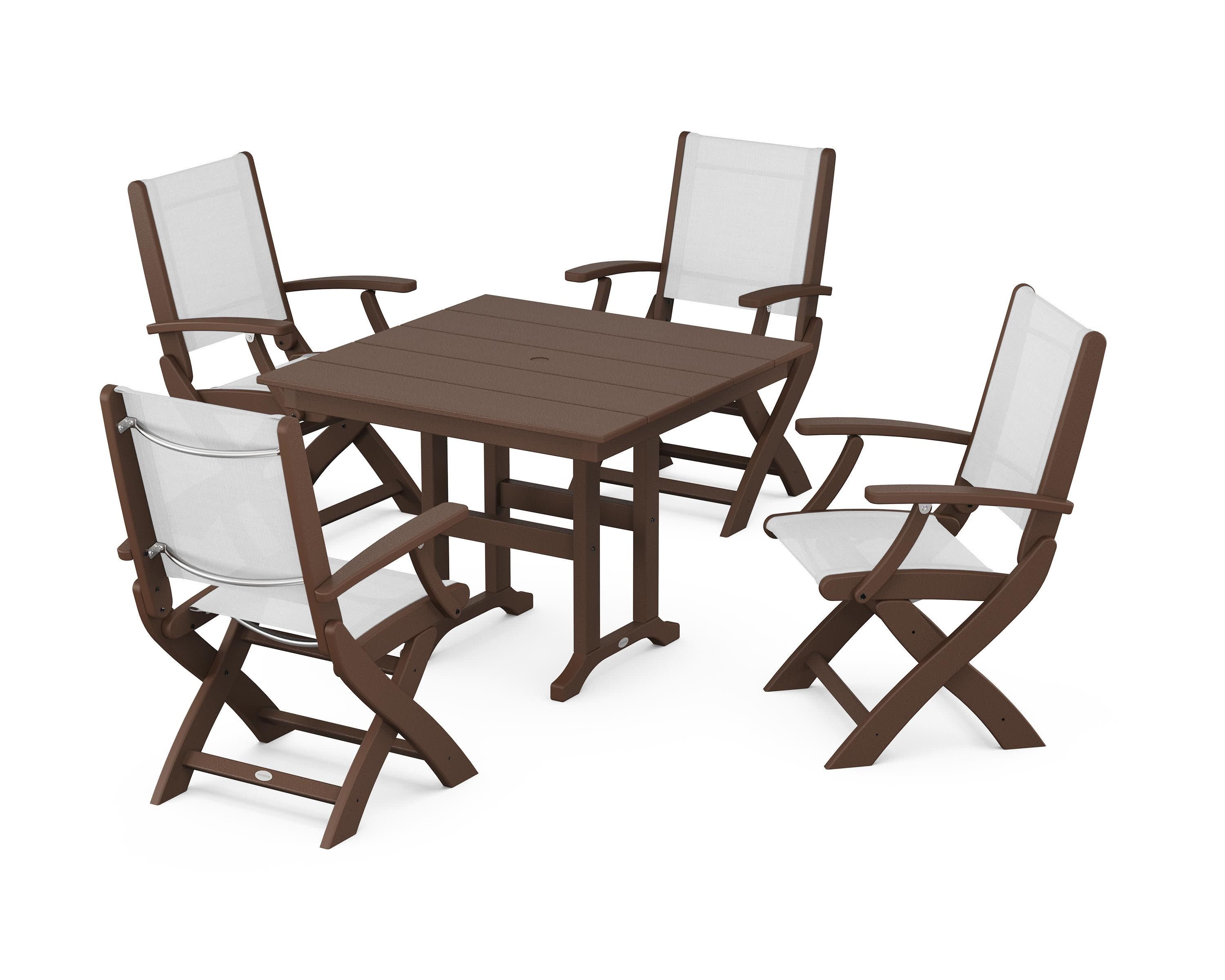 Coastal Folding Chair 5-Piece Farmhouse Dining Set in Mahogany / White Sling