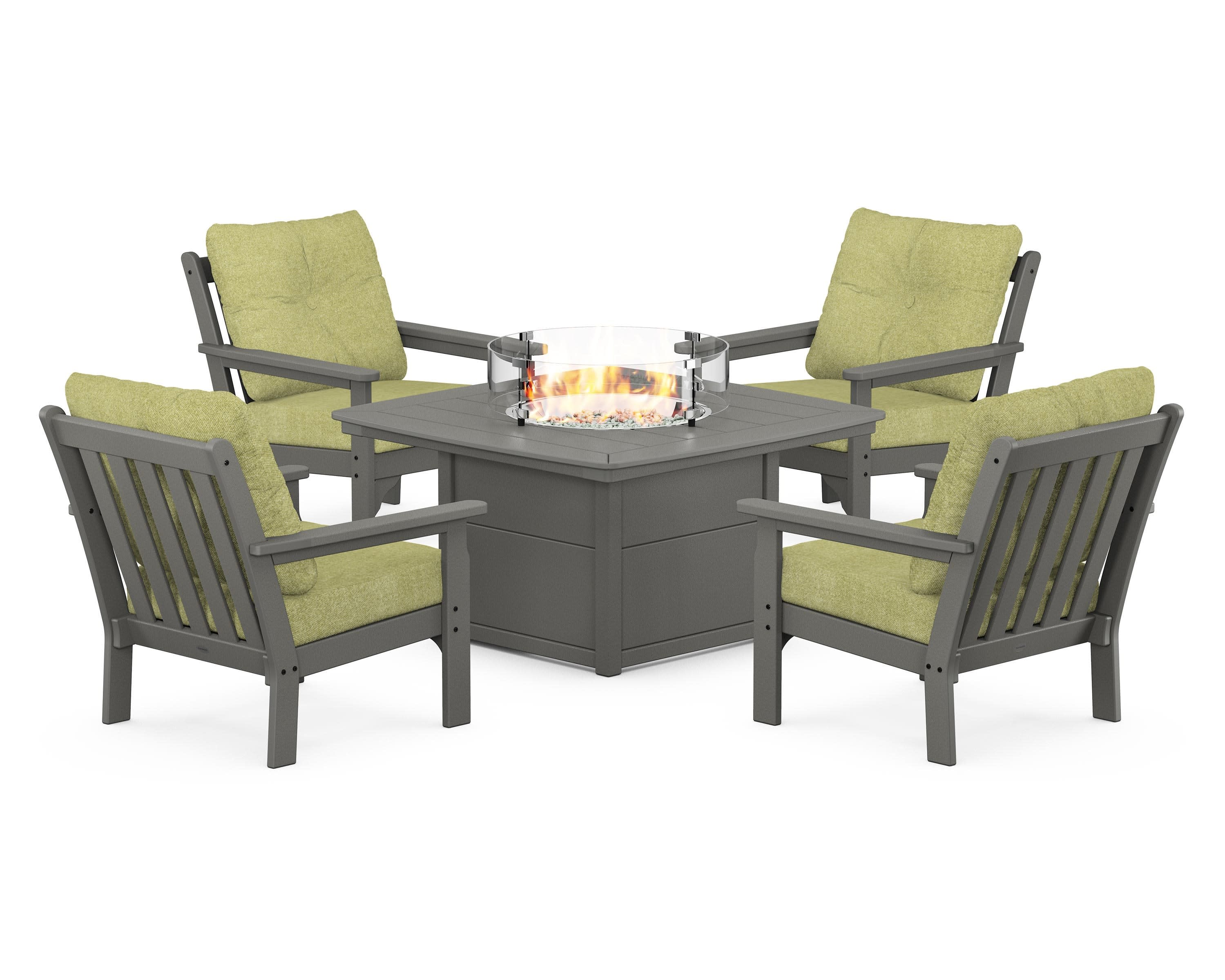 Vineyard 5-Piece Conversation Set with Fire Pit Table in Slate Grey / Chartreuse Boucle