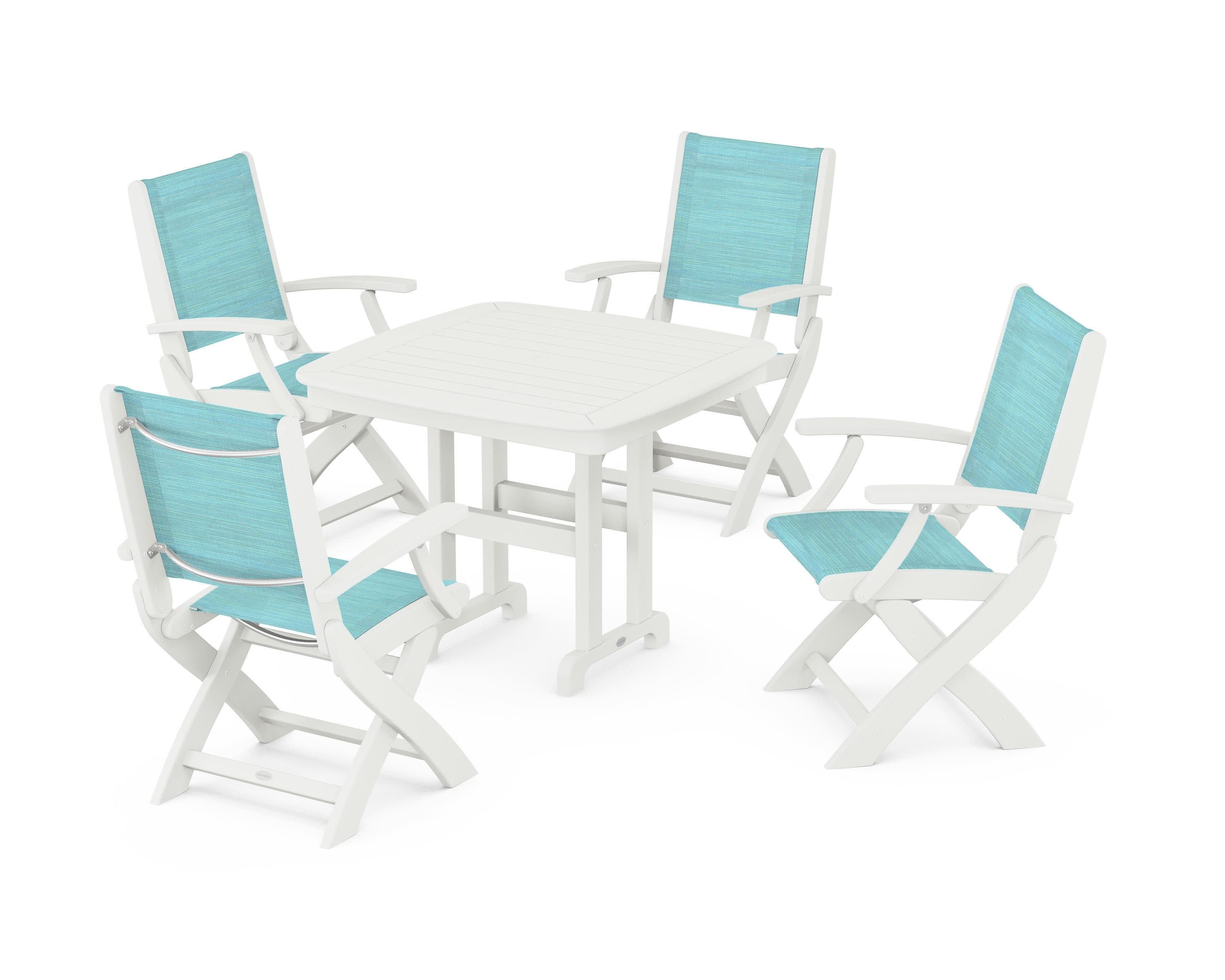 Coastal Folding Chair 5-Piece Dining Set in Vintage White / Dupioni Aquamarine Sling