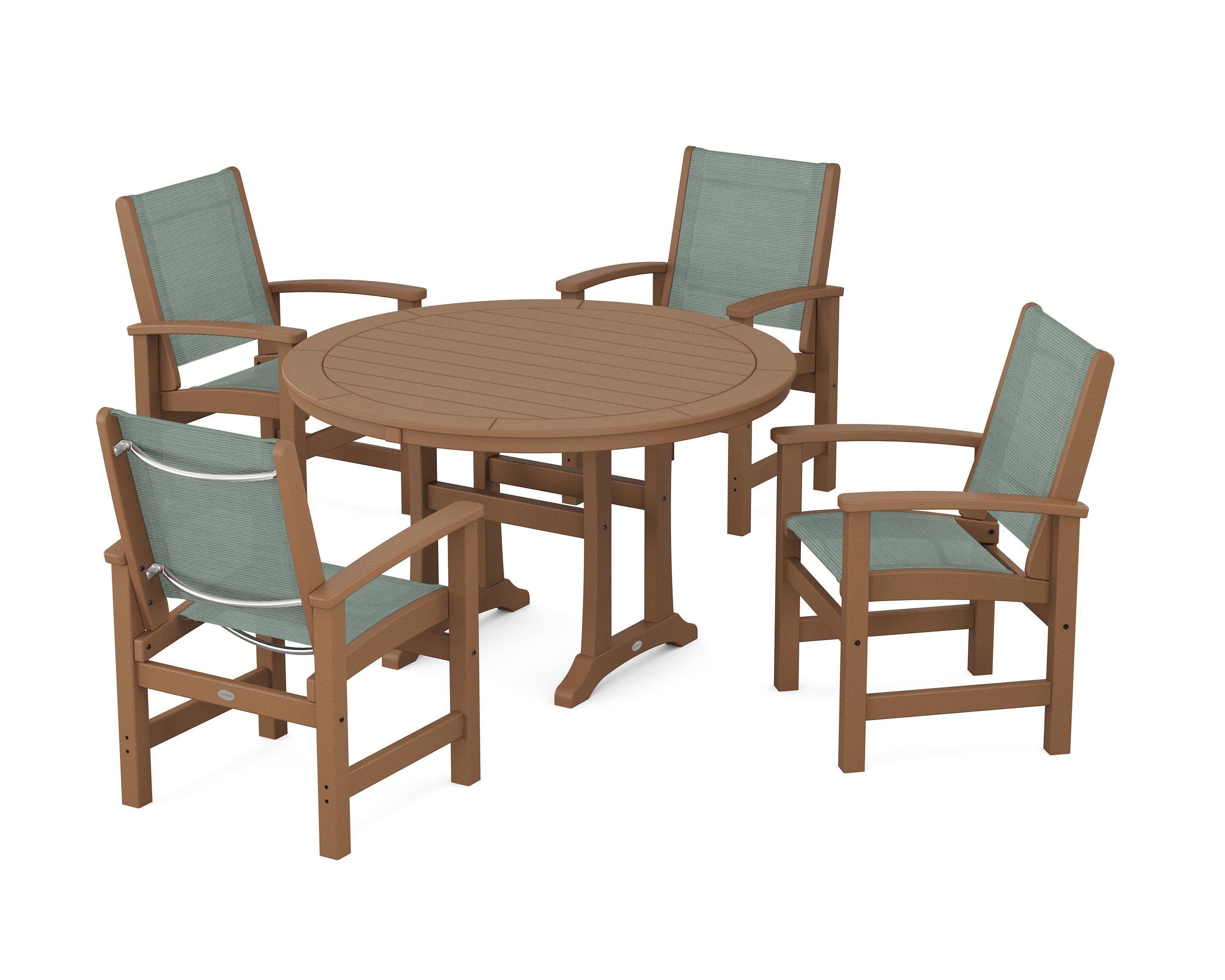 Coastal 5-Piece Round Dining Set with Trestle Legs in Teak / Dupioni Sea Mist Sling