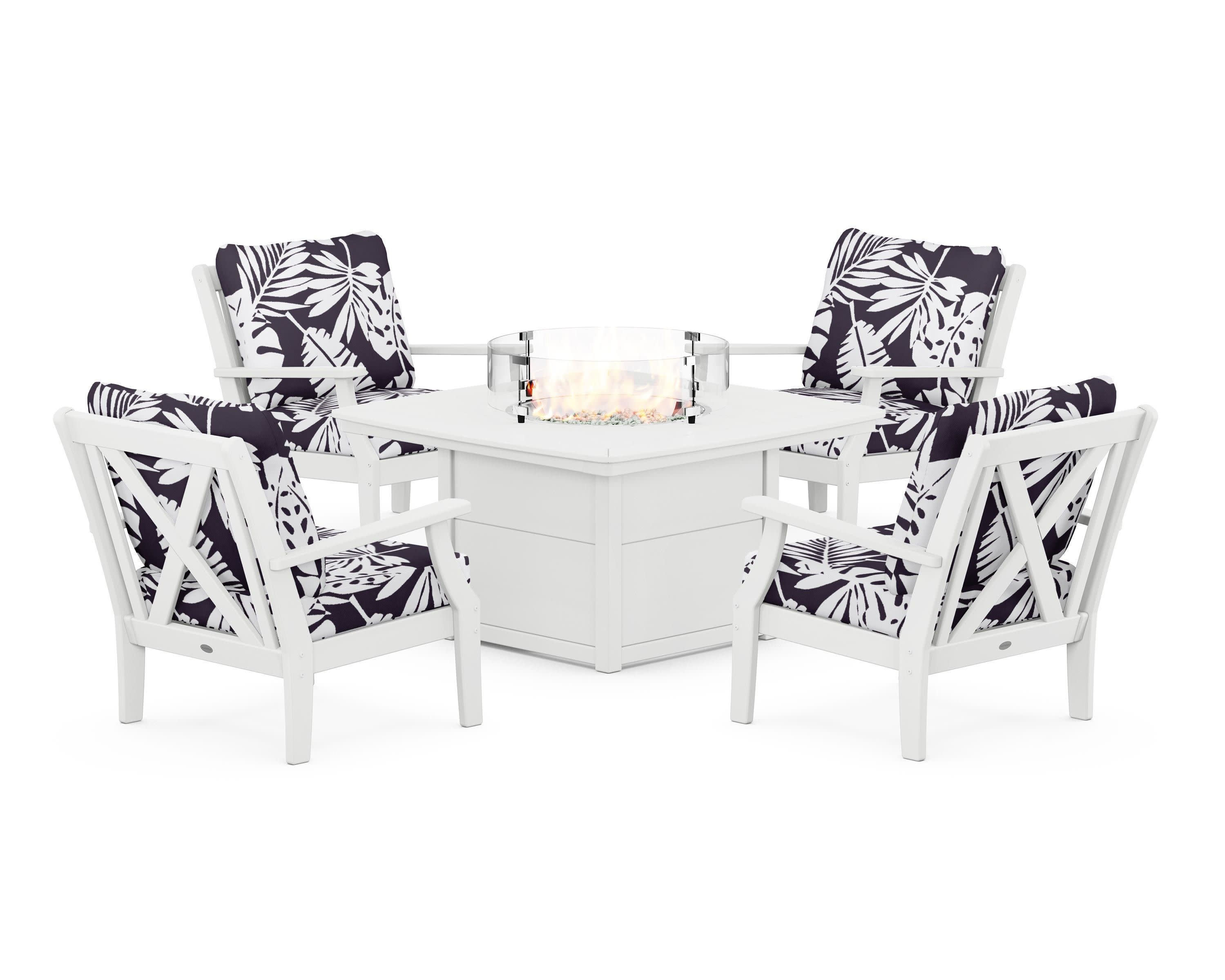 Braxton 5-Piece Deep Seating Conversation Set with Fire Pit Table in White / Leaf Navy