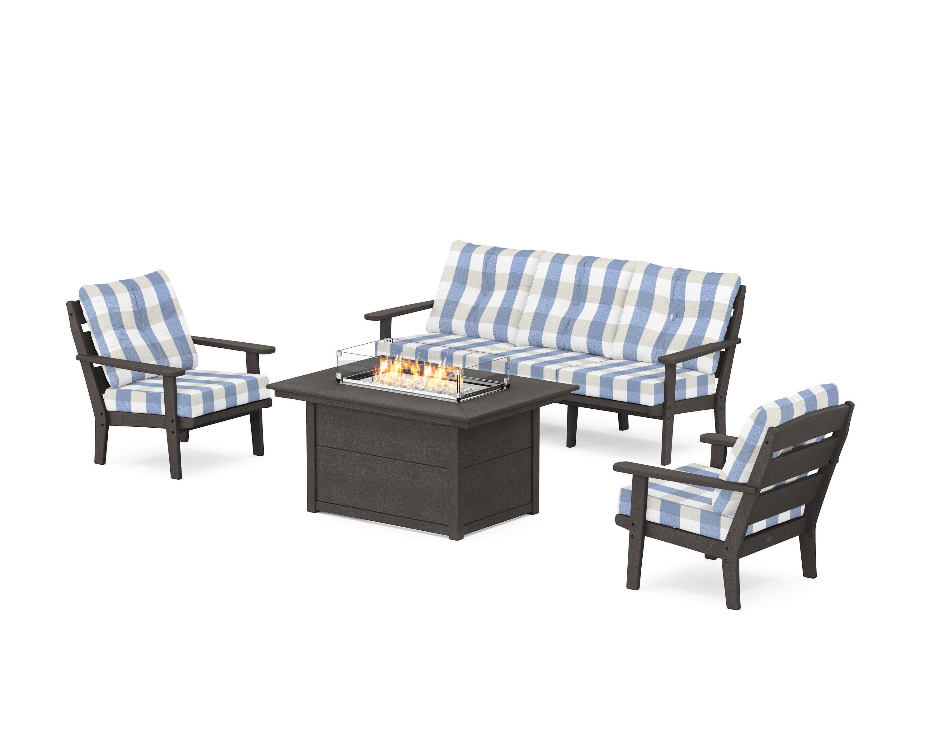 Lakeside Deep Seating Fire Pit Table Set in Vintage Coffee / Buffalo Plaid Sky Blue