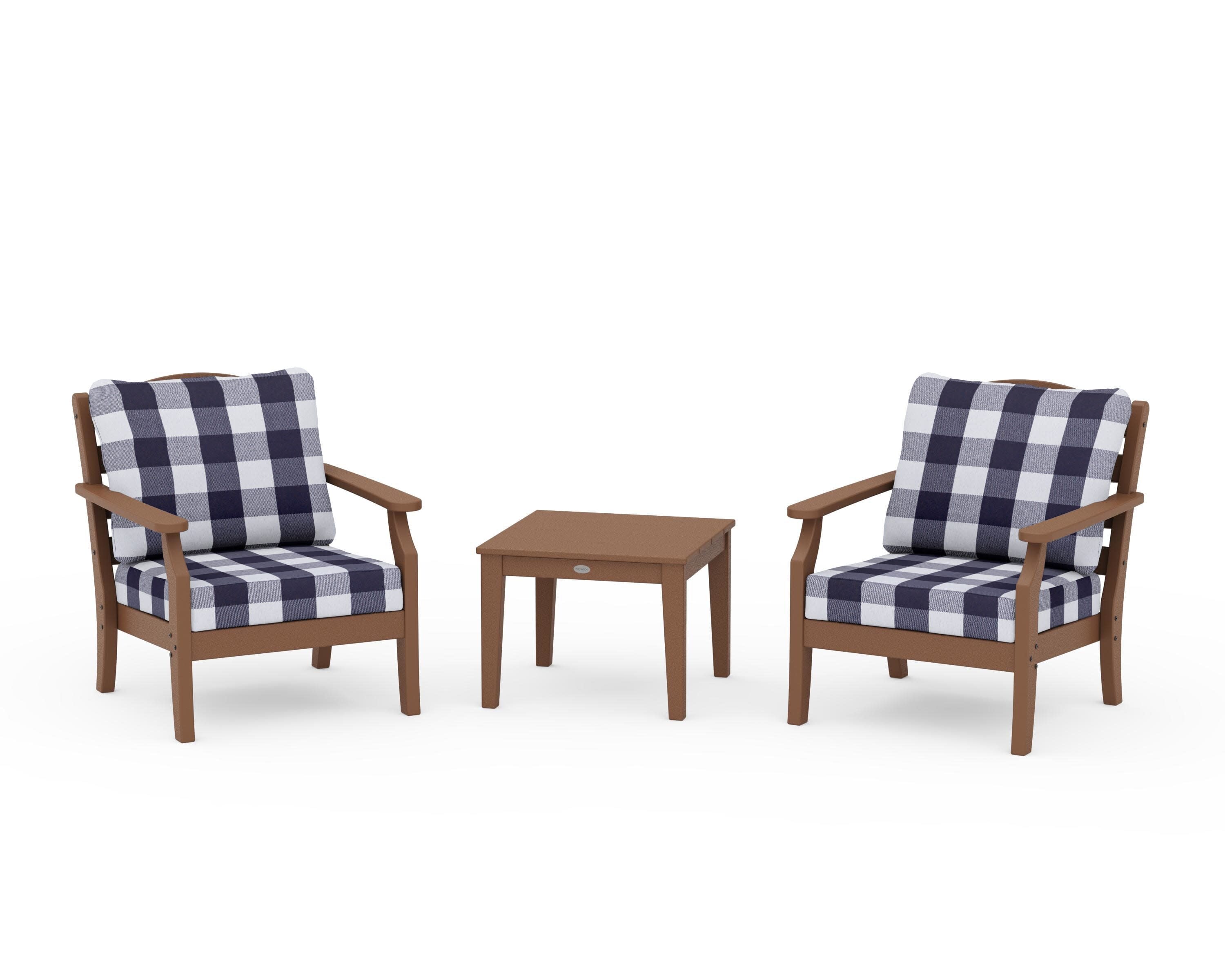 Savannah 3-Piece Deep Seating Set in Teak / Buffalo Plaid Navy