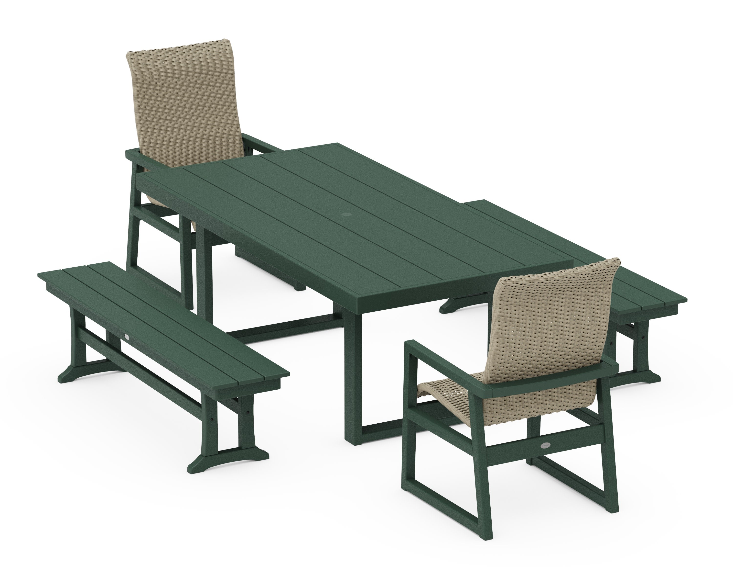 EDGE Woven Highback 5-Piece Dining Set with Benches in Green / Dune Grass