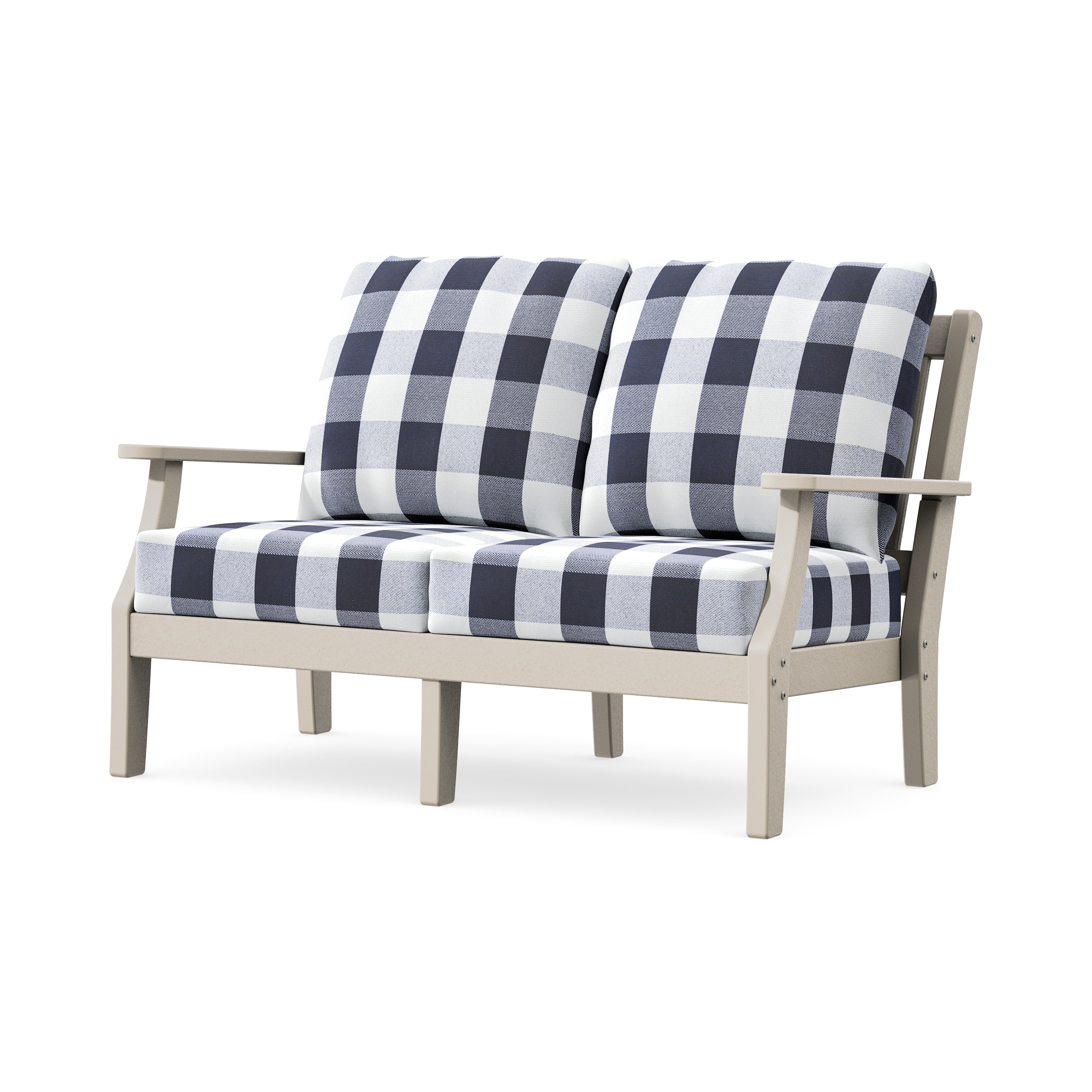 Chinoiserie Deep Seating Loveseat in Sand / Buffalo Plaid Navy