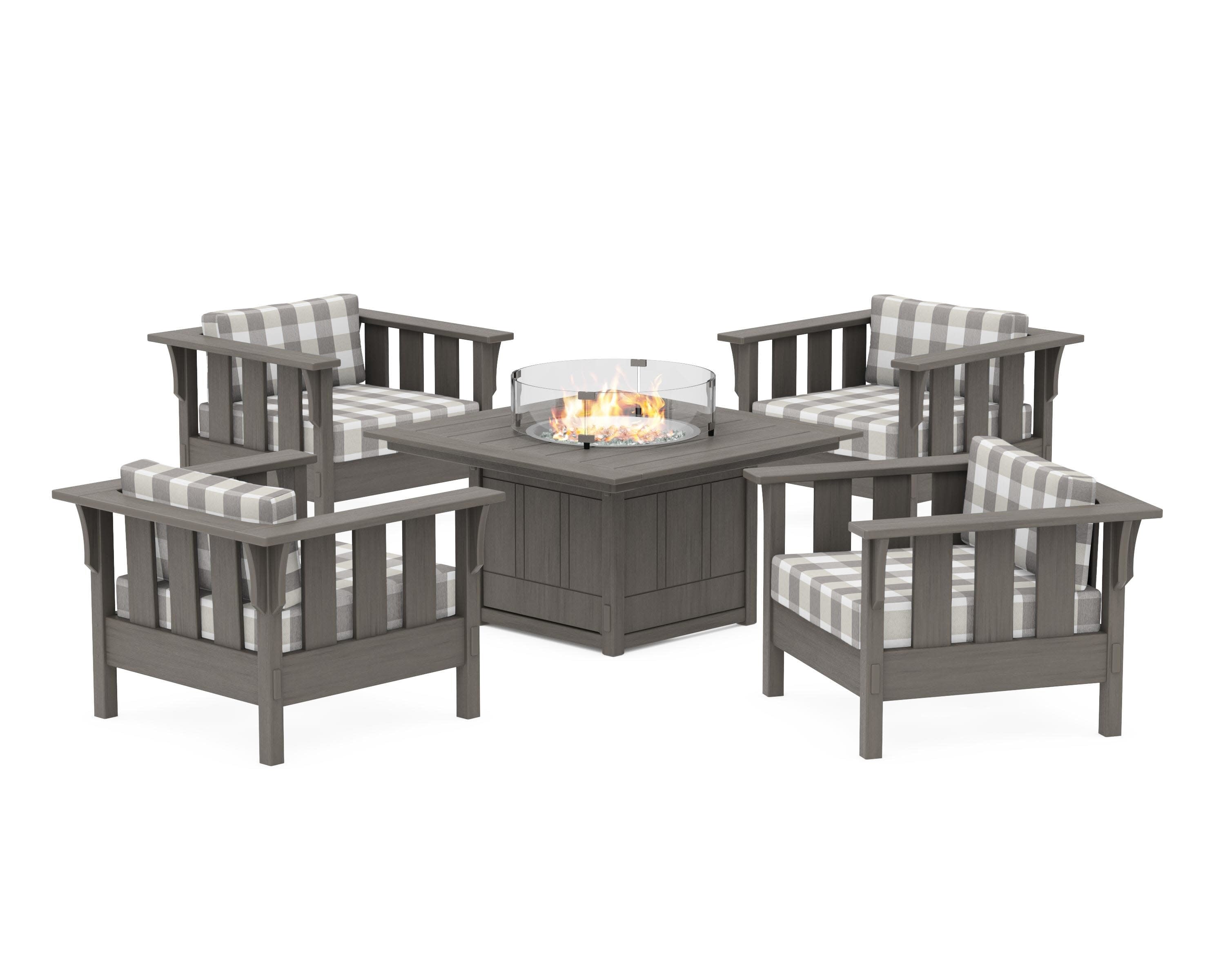 Acadia 5-Piece Deep Seating Set with Fire Pit Table in Driftwood / Buffalo Plaid Grey Mist