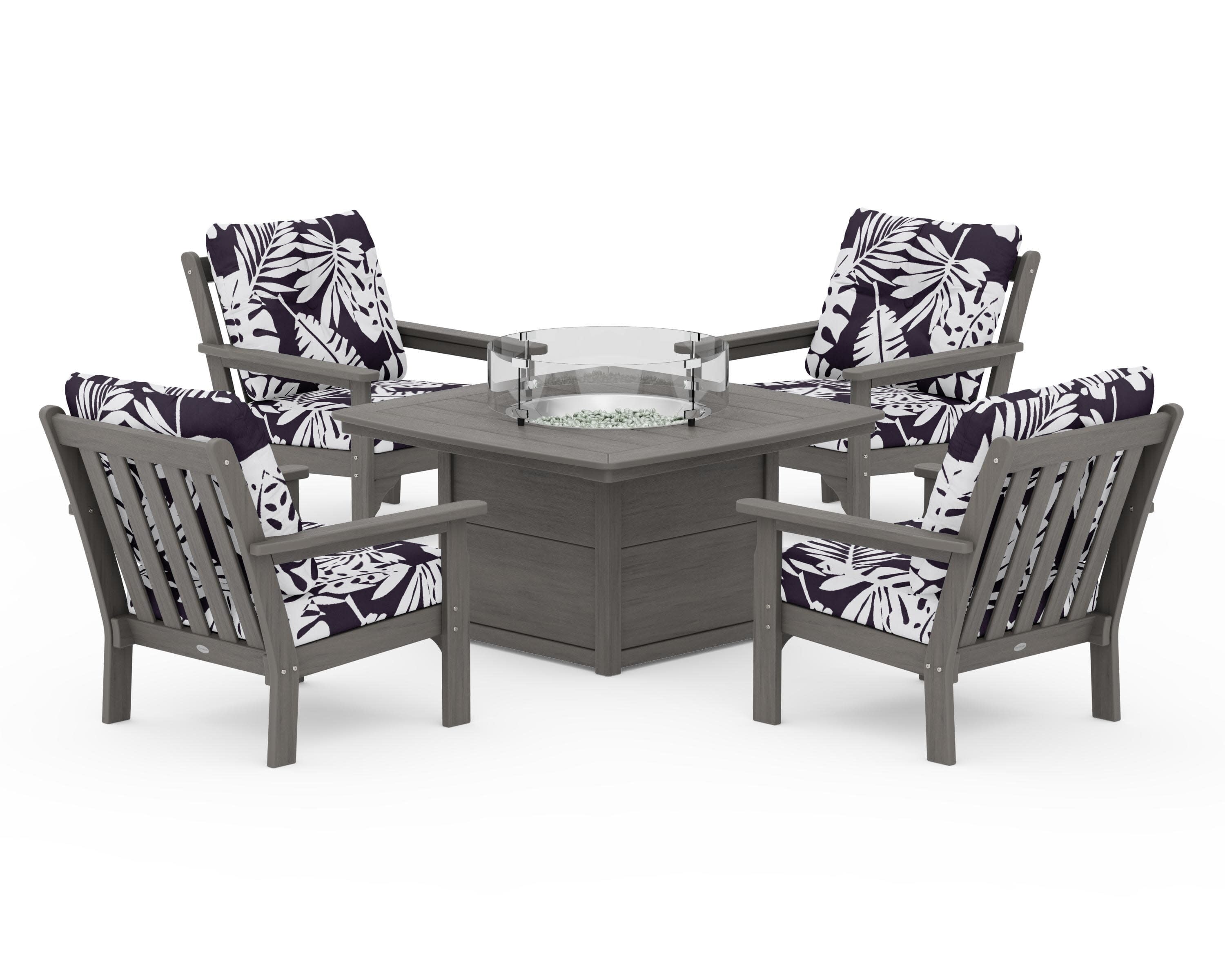 Vineyard 5-Piece Conversation Set with Fire Pit Table in Driftwood / Leaf Navy