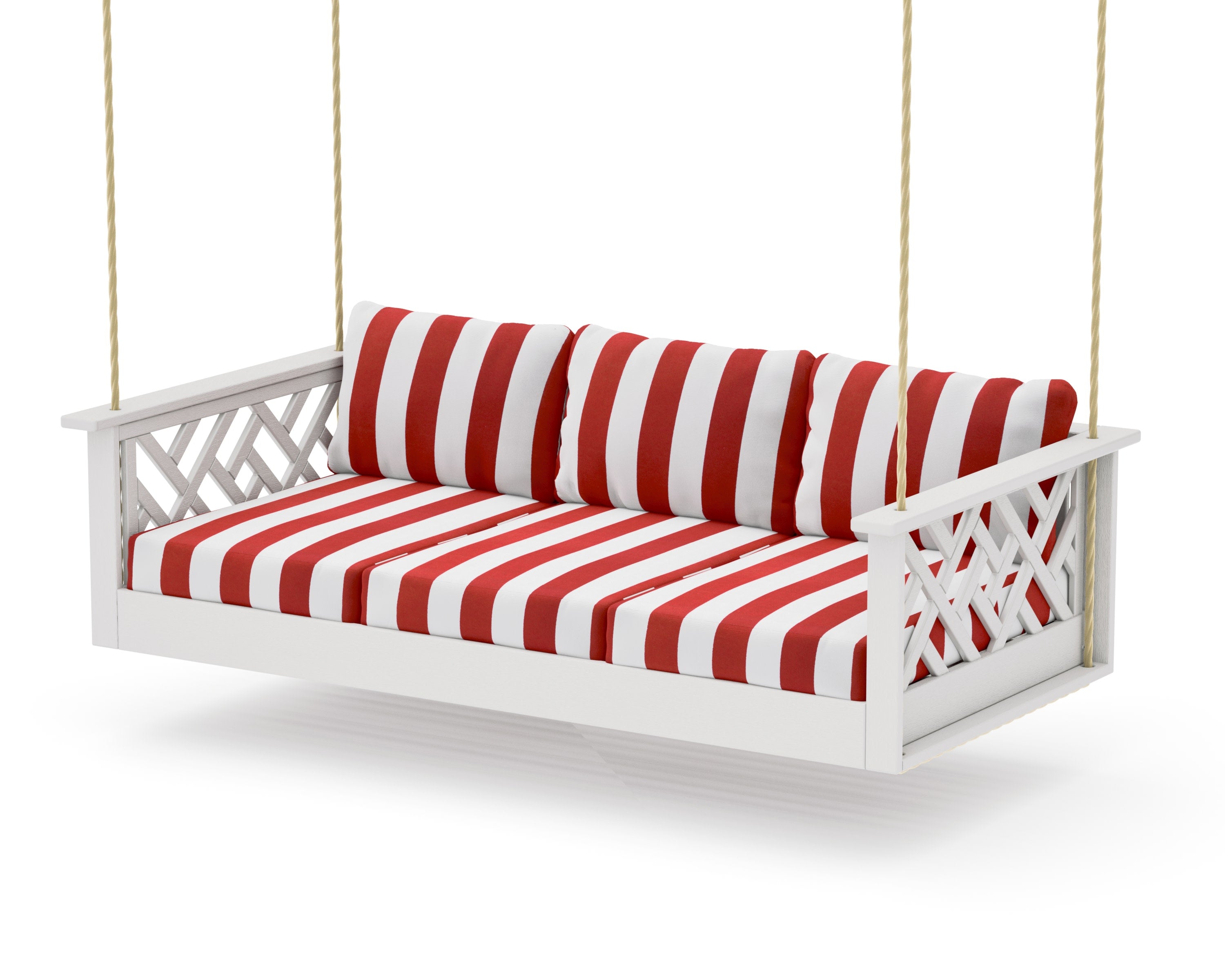 Chippendale Daybed Swing in Vintage White / Cabana Stripe Crimson