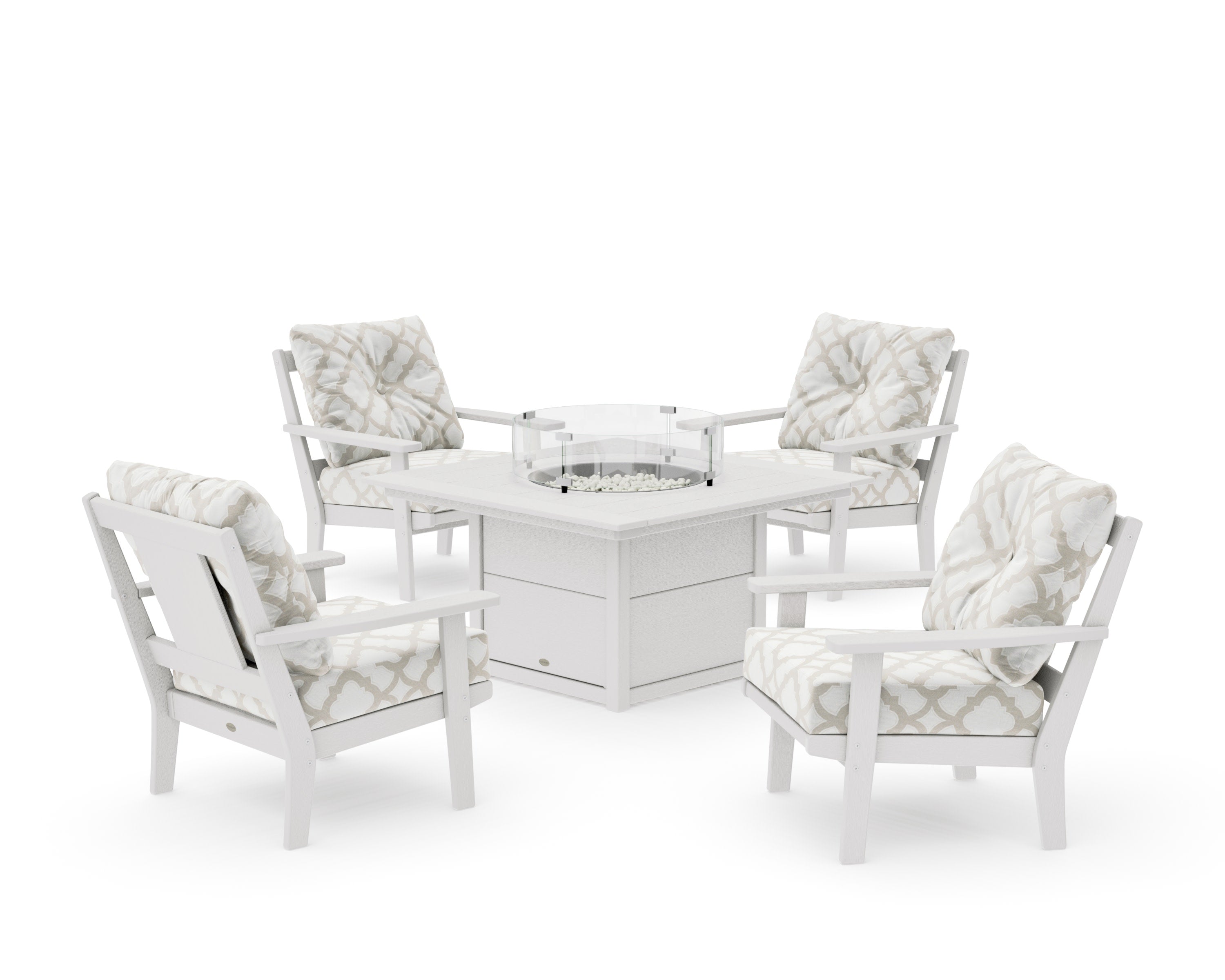 Prairie 5-Piece Deep Seating Set with Fire Pit Table in Vintage White / Trellis Dune Burlap