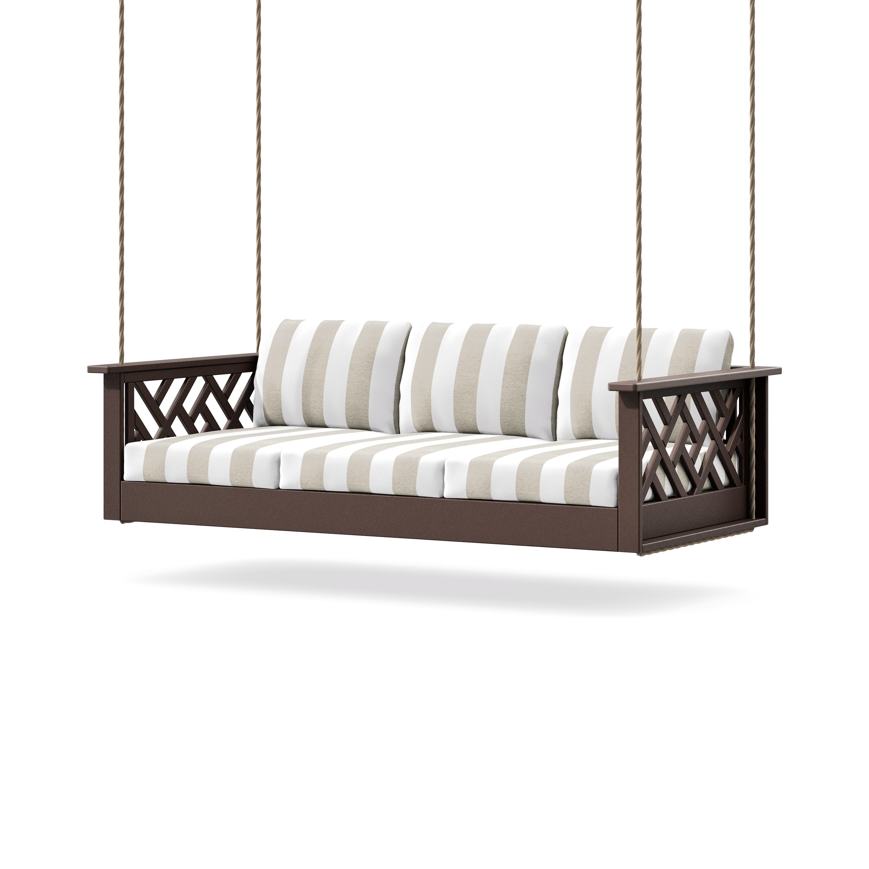Chippendale Daybed Swing in Mahogany / Cabana Stripe Dune Burlap