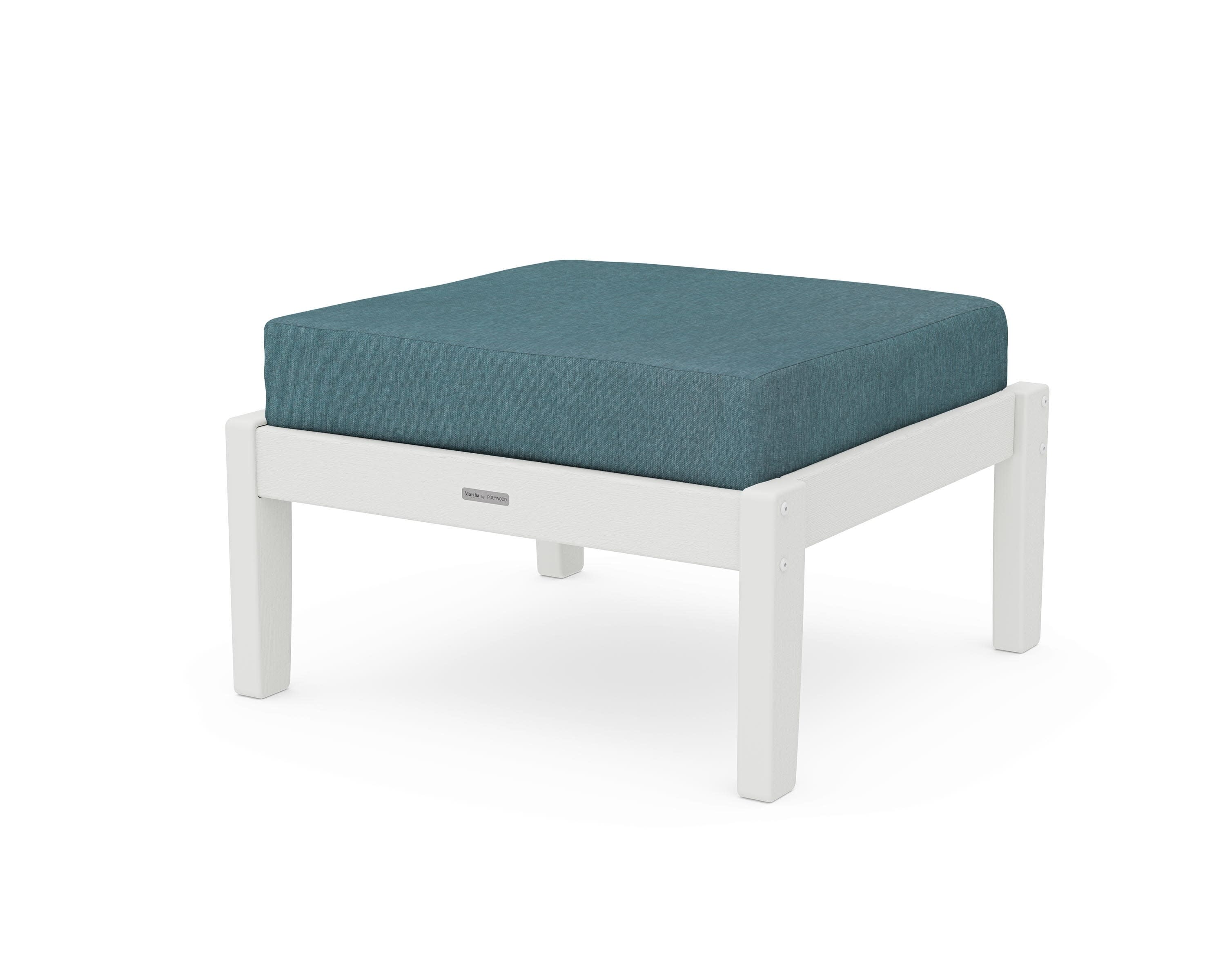 Chinoiserie Deep Seating Ottoman in Vintage White / Ocean Teal
