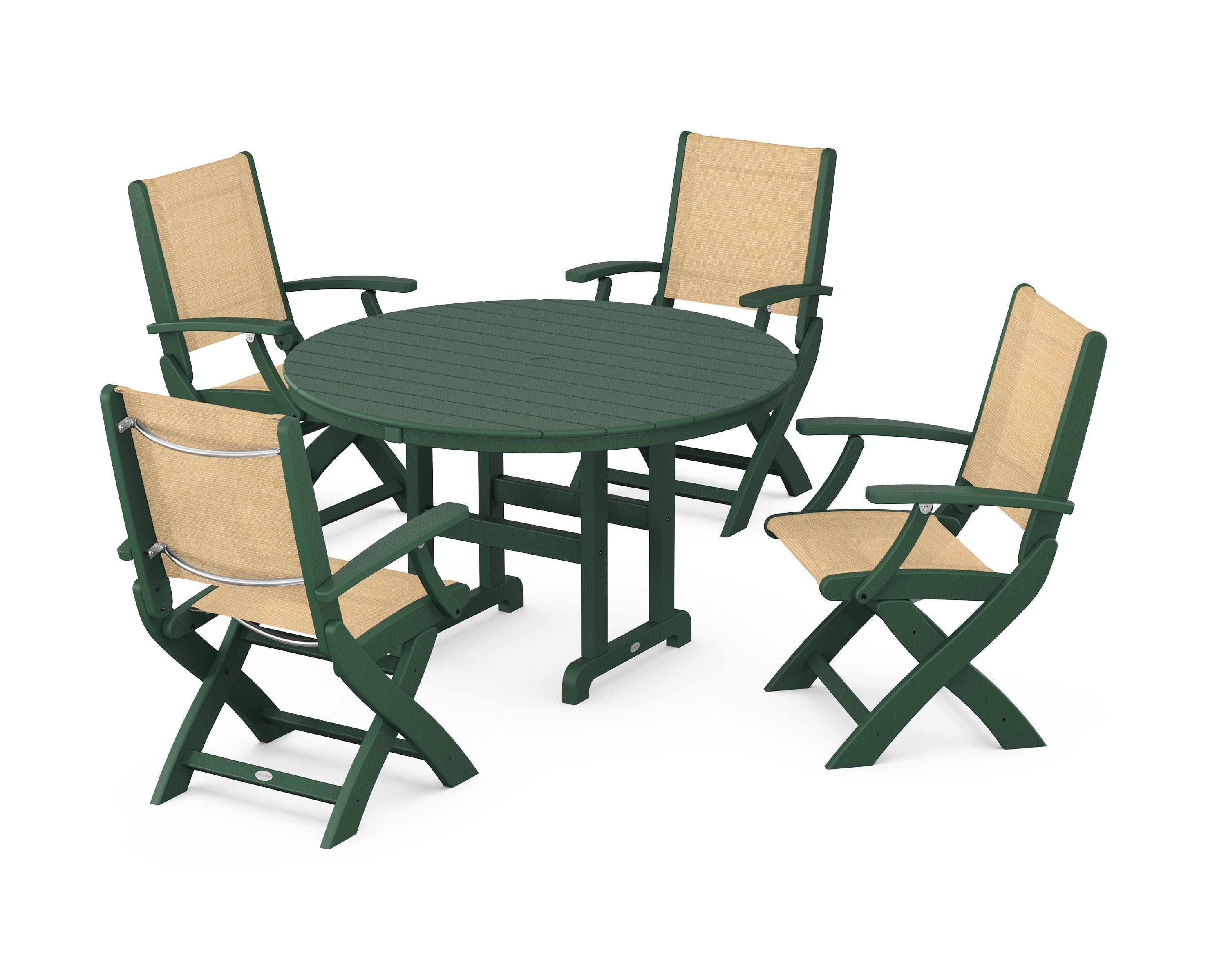 Coastal Folding Chair 5-Piece Round Dining Set in Green / Dupioni Apricot Sling