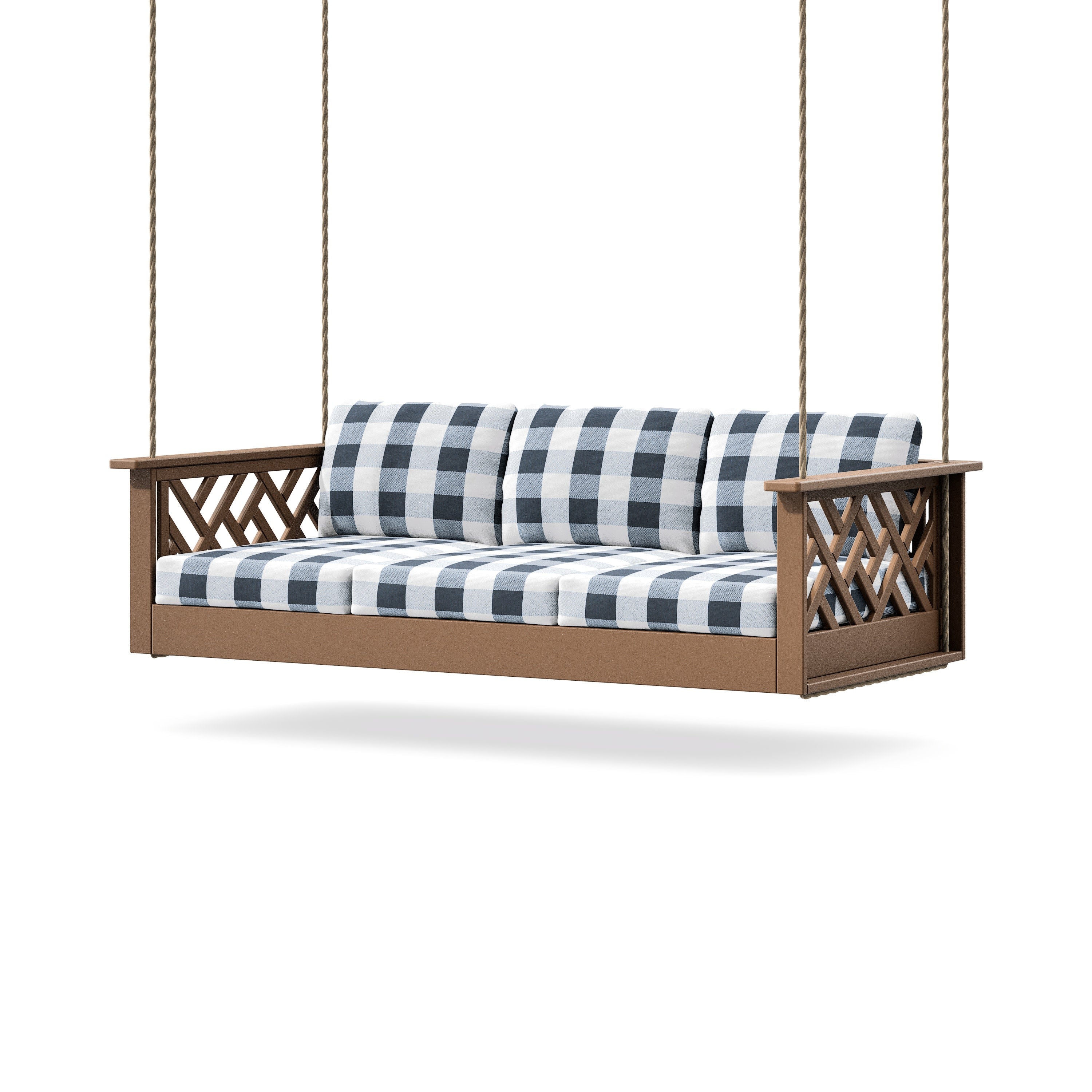 Chippendale Daybed Swing in Teak / Buffalo Plaid Marine Indigo