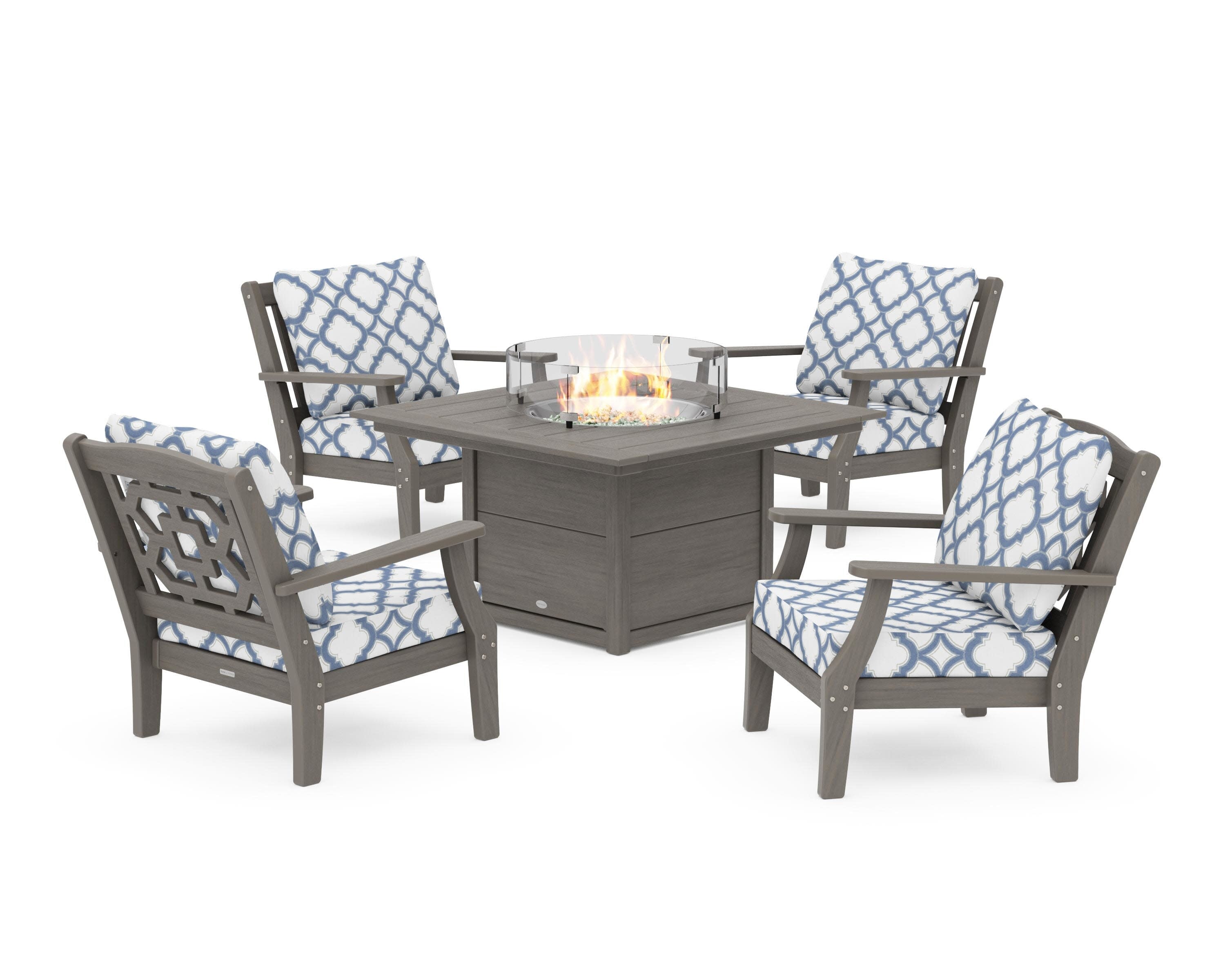 Chinoiserie 5-Piece Deep Seating Set with Fire Pit Table in Driftwood / Trellis Sky Blue