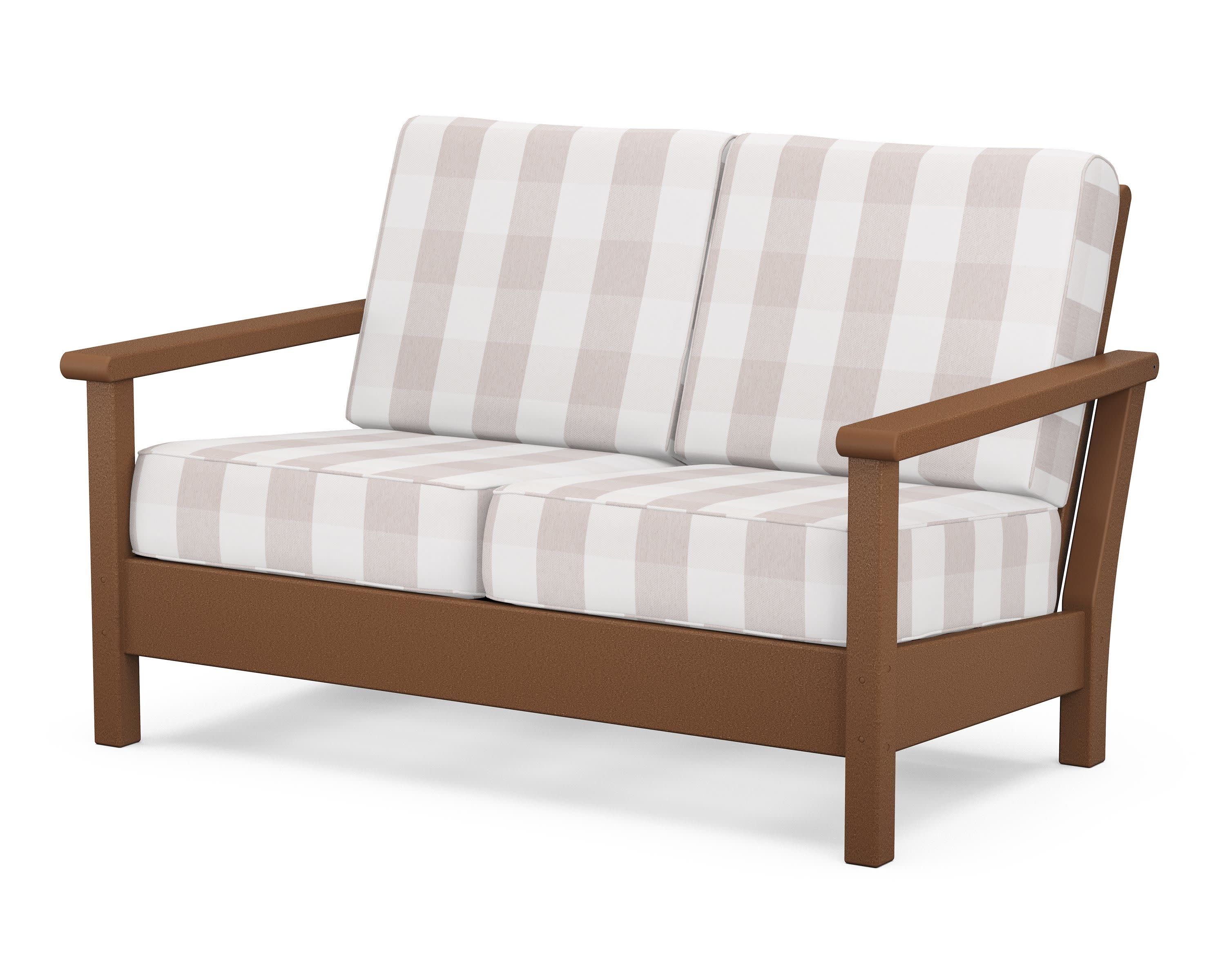 Harbour Deep Seating Loveseat in Teak / Buffalo Plaid Dune Burlap