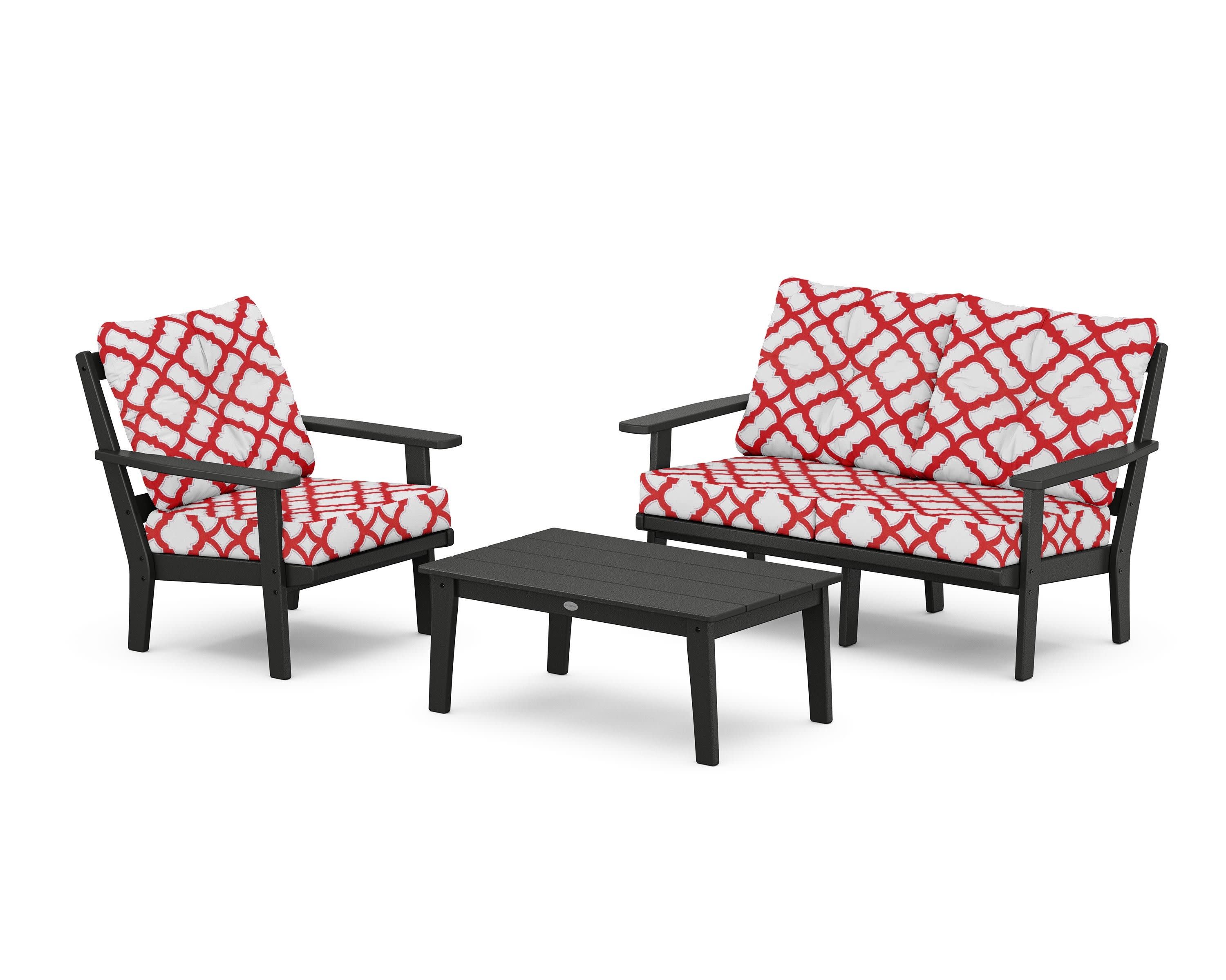 Oxford 3-Piece Deep Seating Set with Loveseat in Black / Trellis Crimson