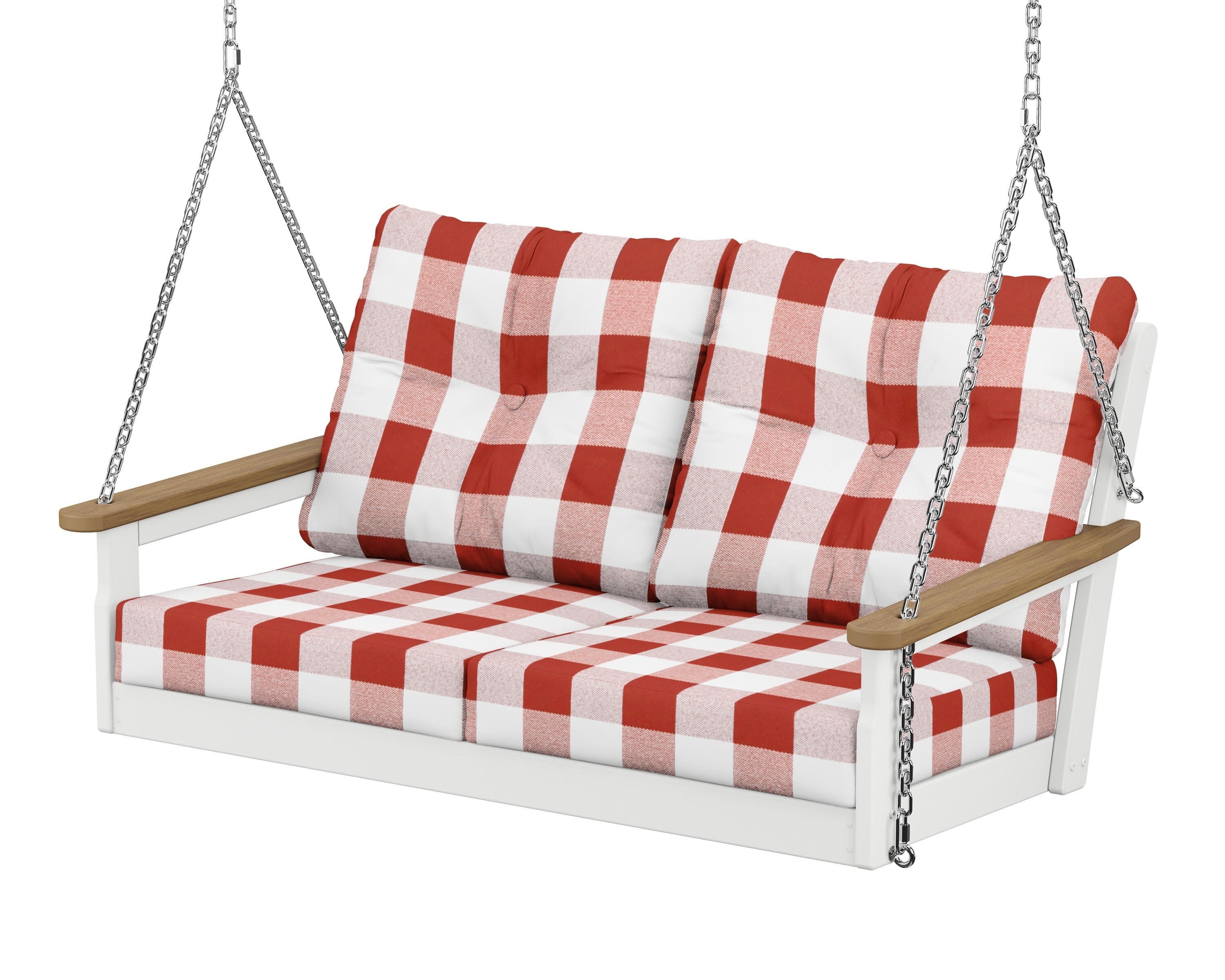 Vineyard Deep Seating Swing in White / Natural / Buffalo Plaid Crimson