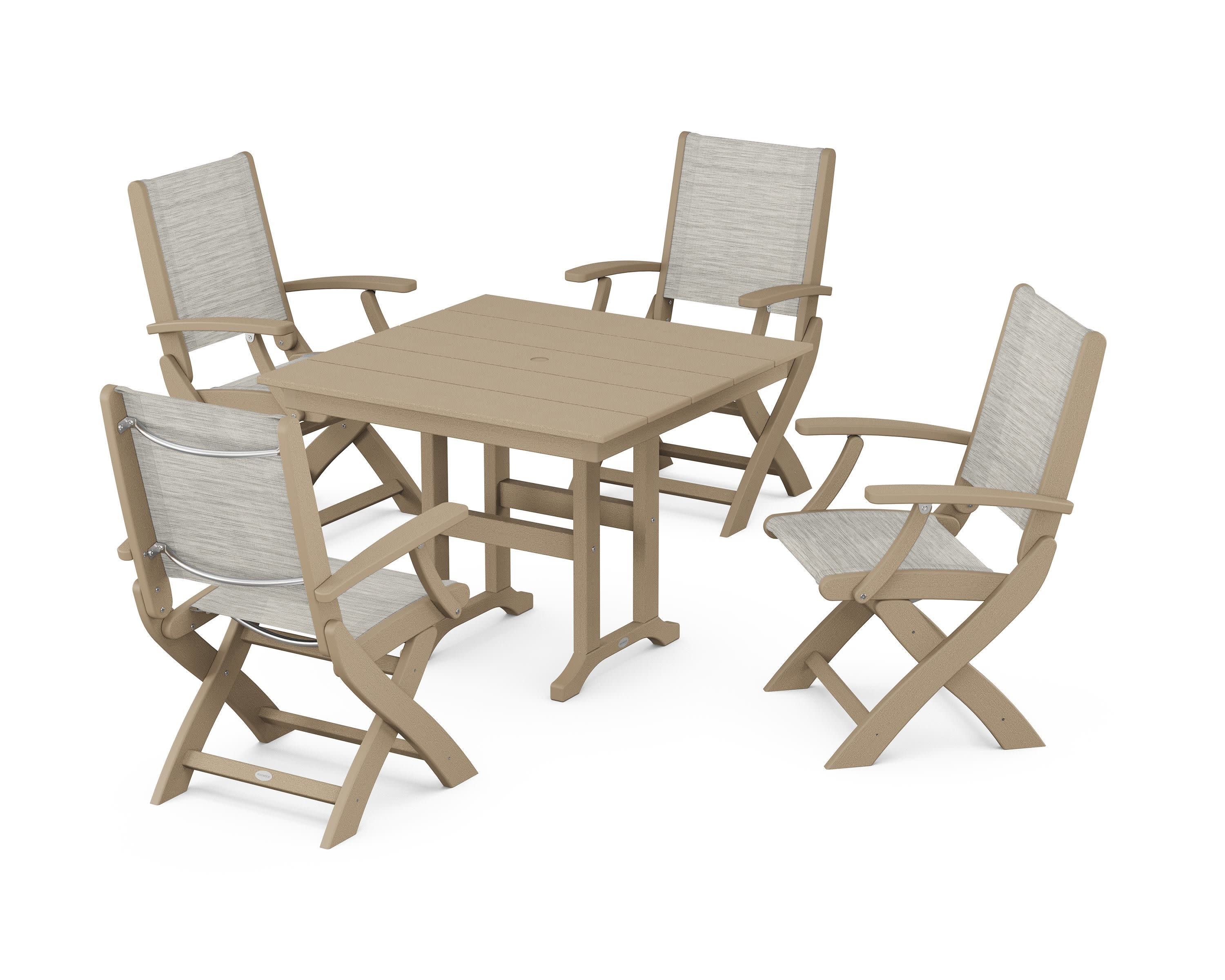 Coastal Folding Chair 5-Piece Farmhouse Dining Set in Vintage Sahara / Birch Sling