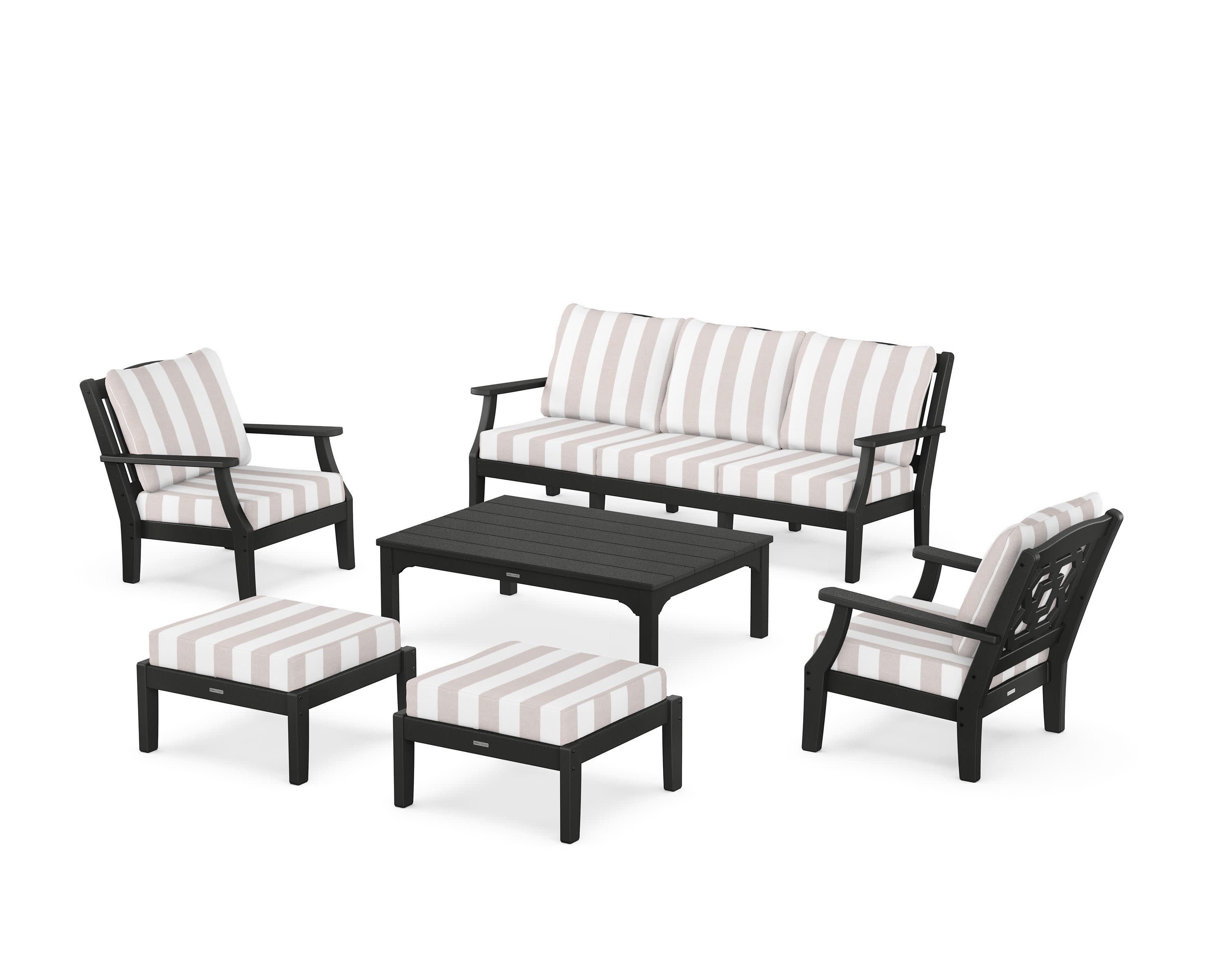 Chinoiserie 6-Piece Lounge Sofa Set in Black / Cabana Stripe Dune Burlap