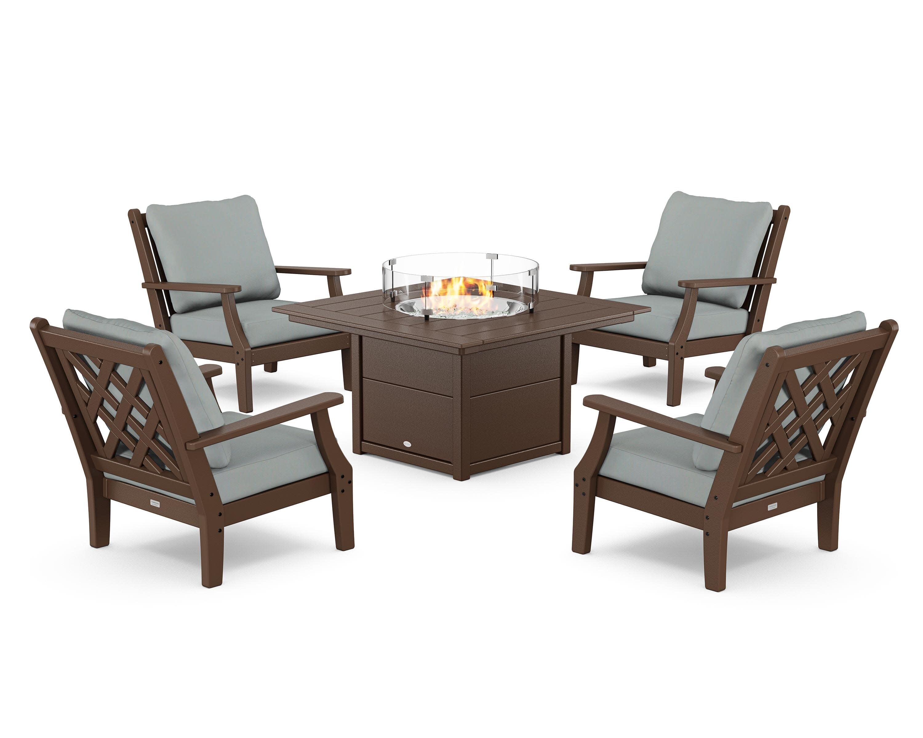 Wovendale 5-Piece Deep Seating Set with Fire Pit Table in Mahogany / Spa