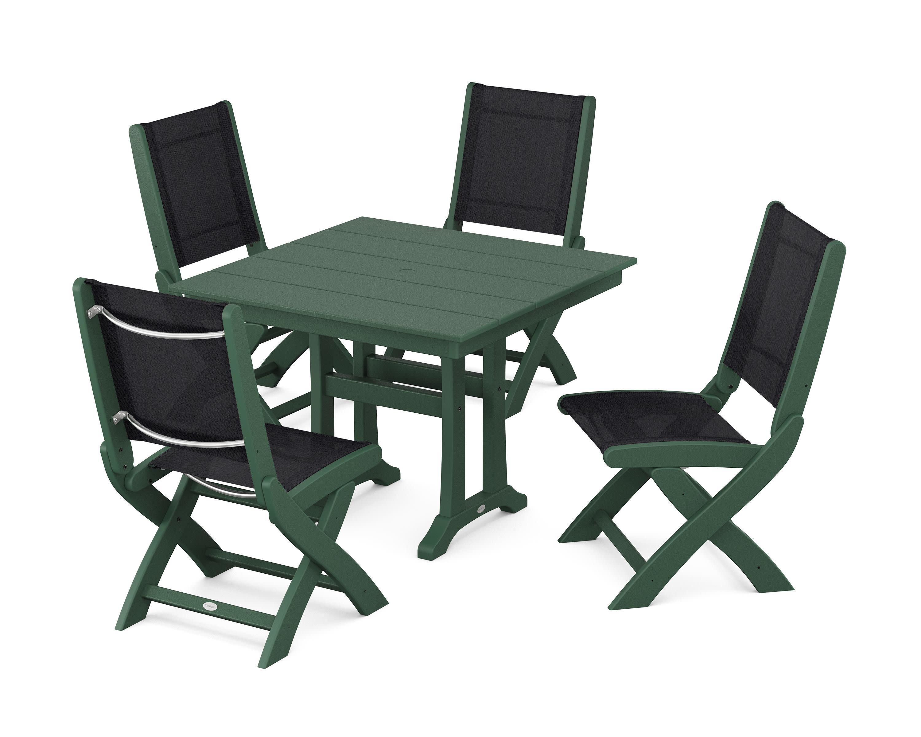 Coastal Folding Side Chair 5-Piece Farmhouse Dining Set With Trestle Legs in Green / Black Sling