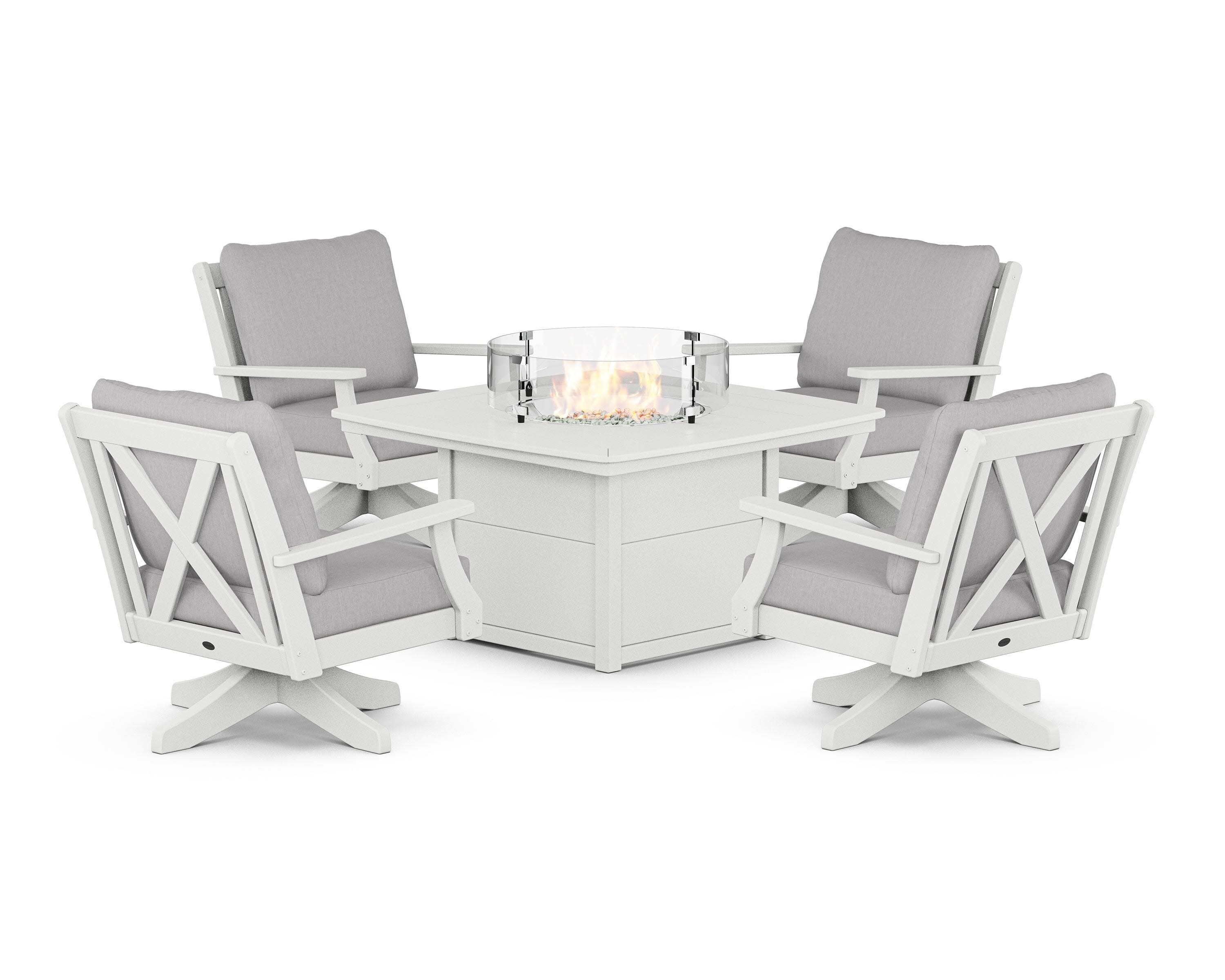 Braxton 5-Piece Deep Seating Swivel Conversation Set with Fire Pit Table in White / Granite