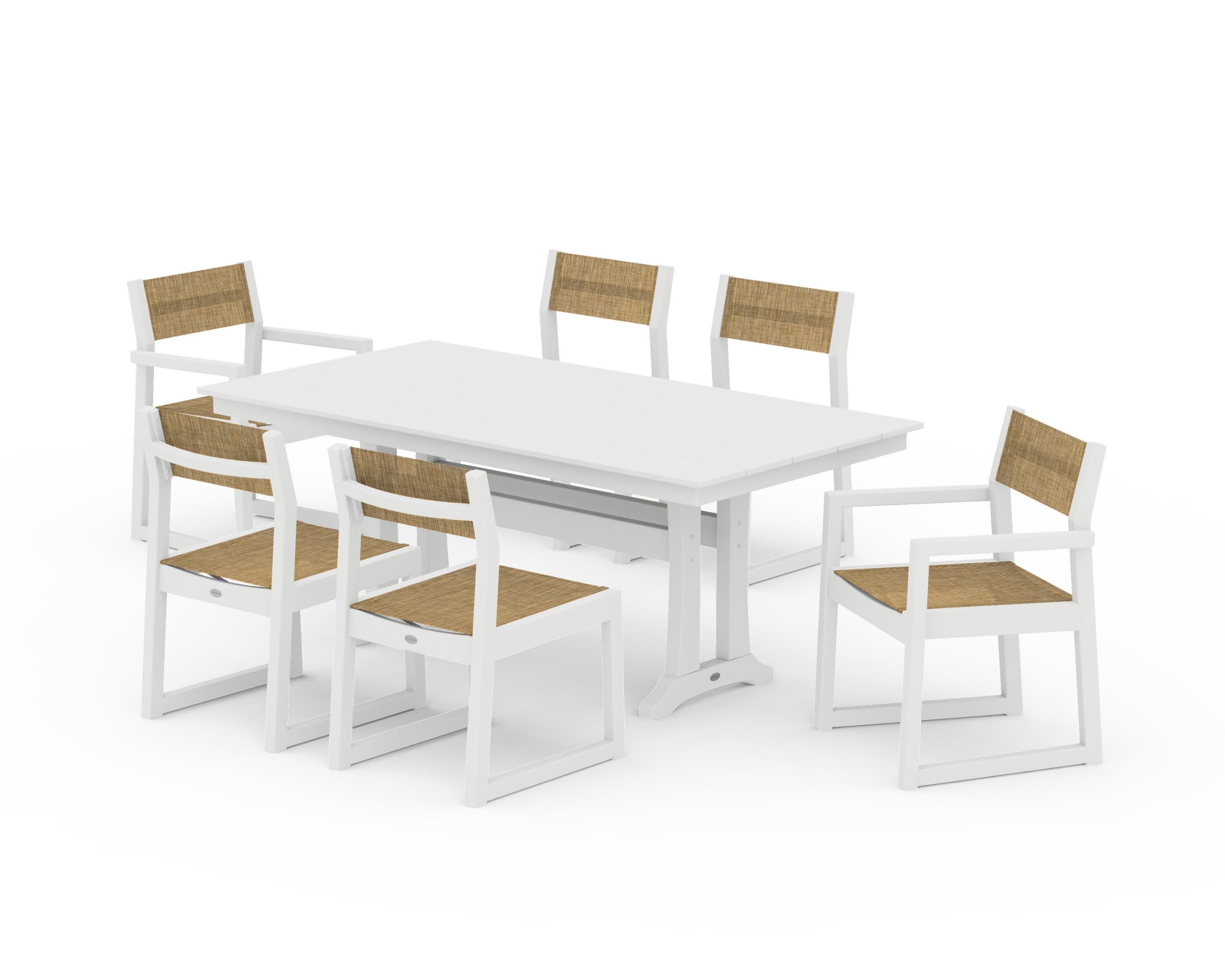 EDGE Sling 7-Piece Farmhouse Trestle Dining Set in White / Burlap Sling