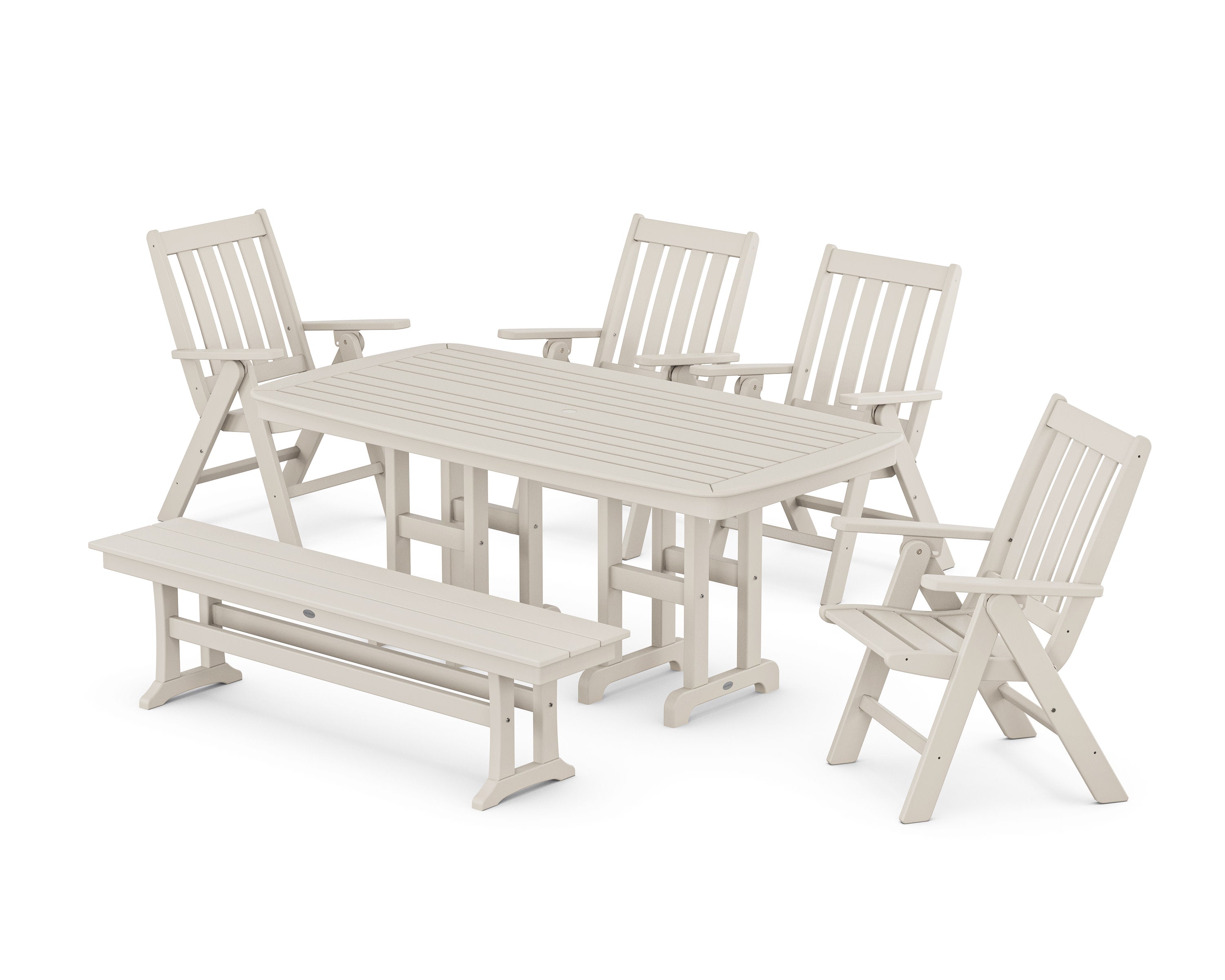 Vineyard Folding Chair 6-Piece Dining Set with Bench in Sand