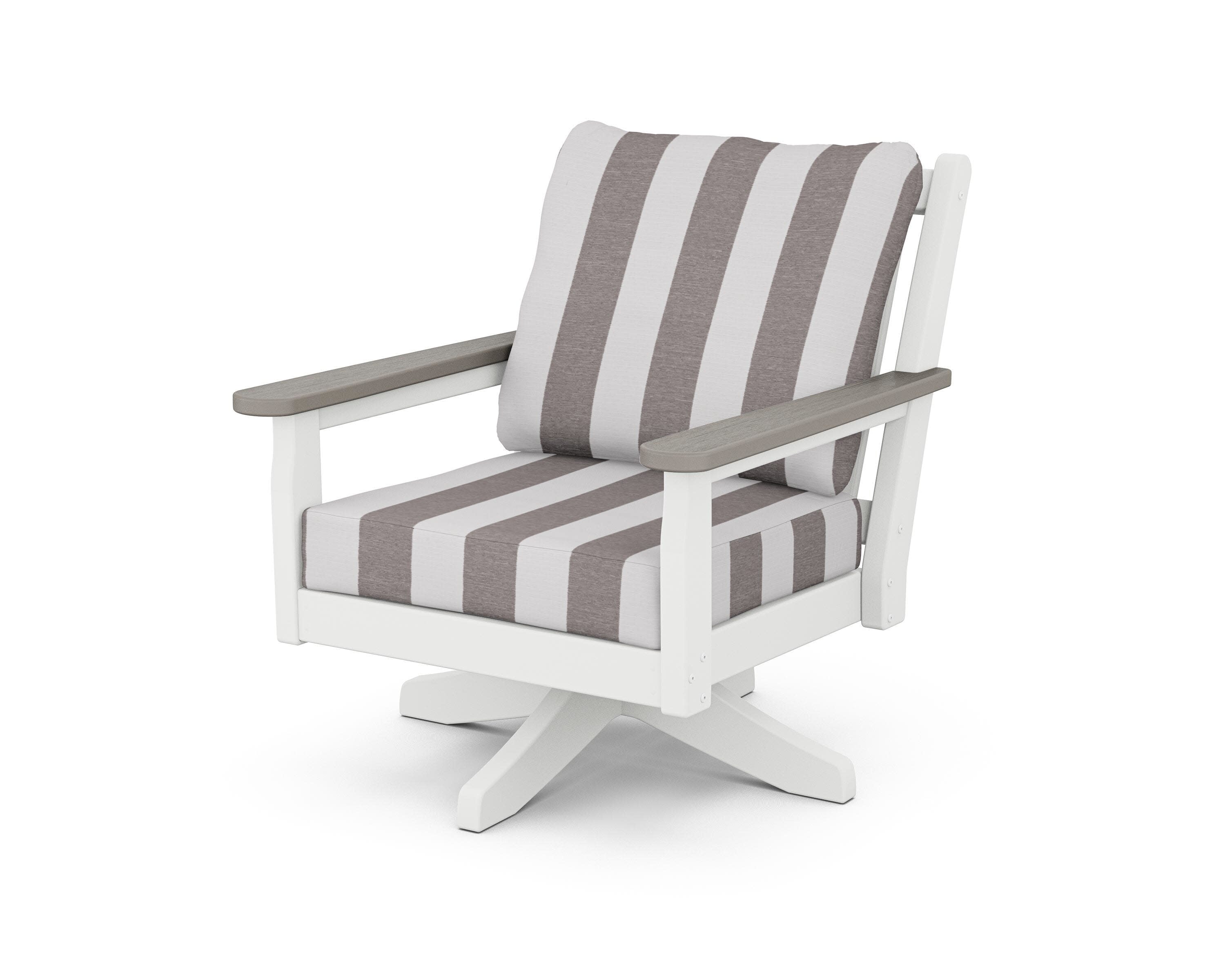 Chippendale Deep Seating Swivel Chair in White / Driftwood / Cabana Stripe Grey Mist