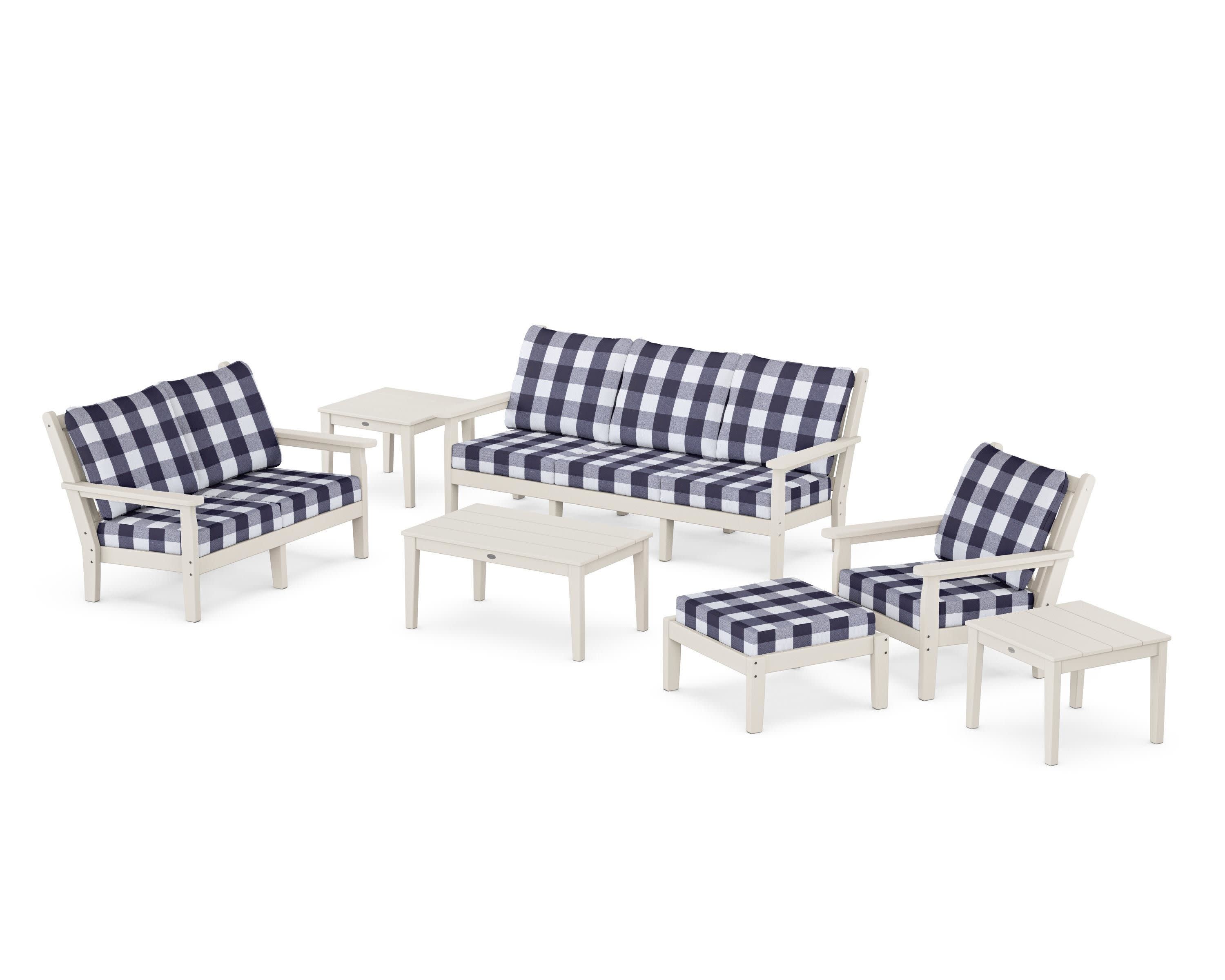 Chippendale 7-Piece Deep Seating Set in Sand / Buffalo Plaid Navy