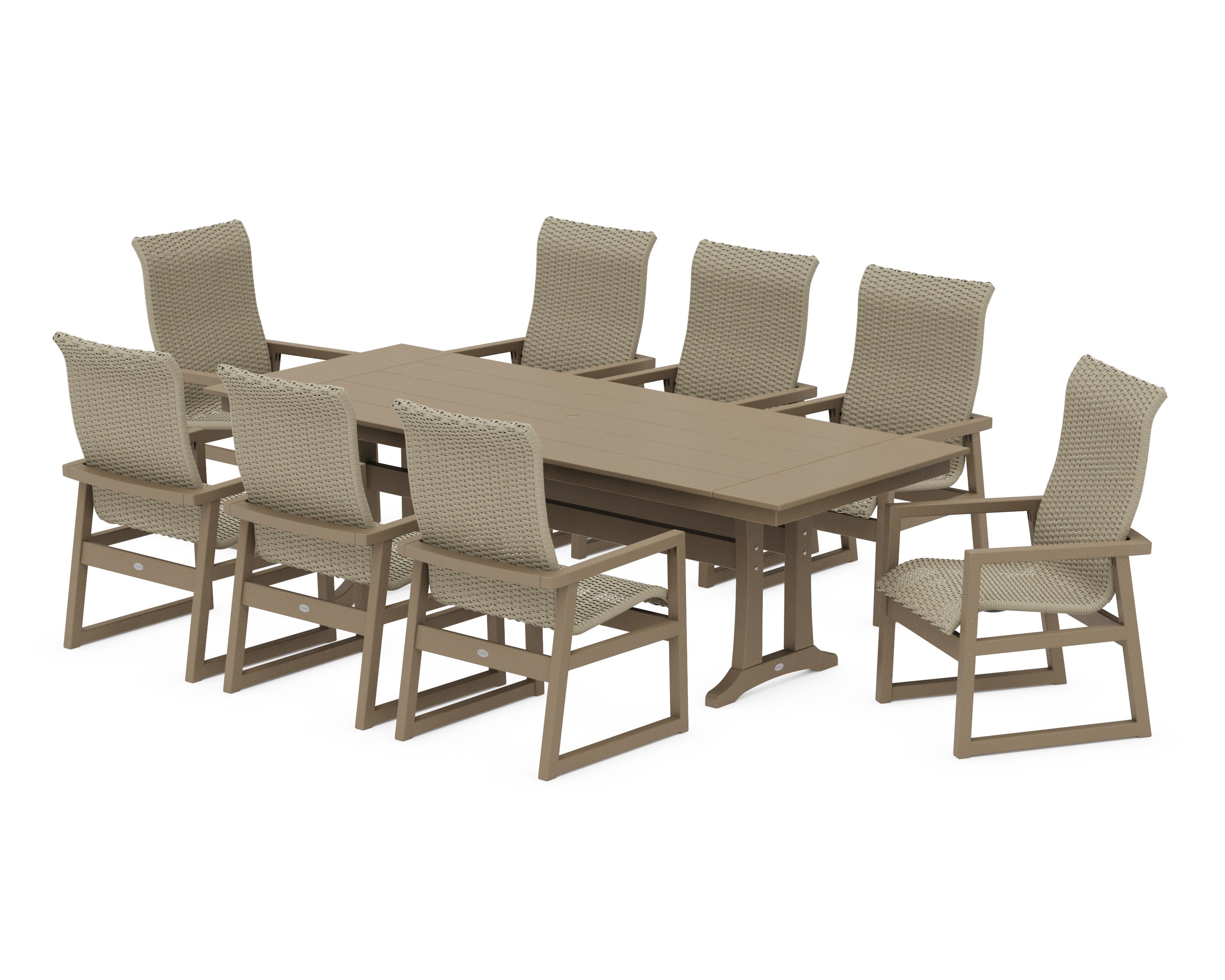 EDGE Woven Highback 9-Piece Farmhouse Dining Set with Trestle Legs in Vintage Sahara / Dune Grass