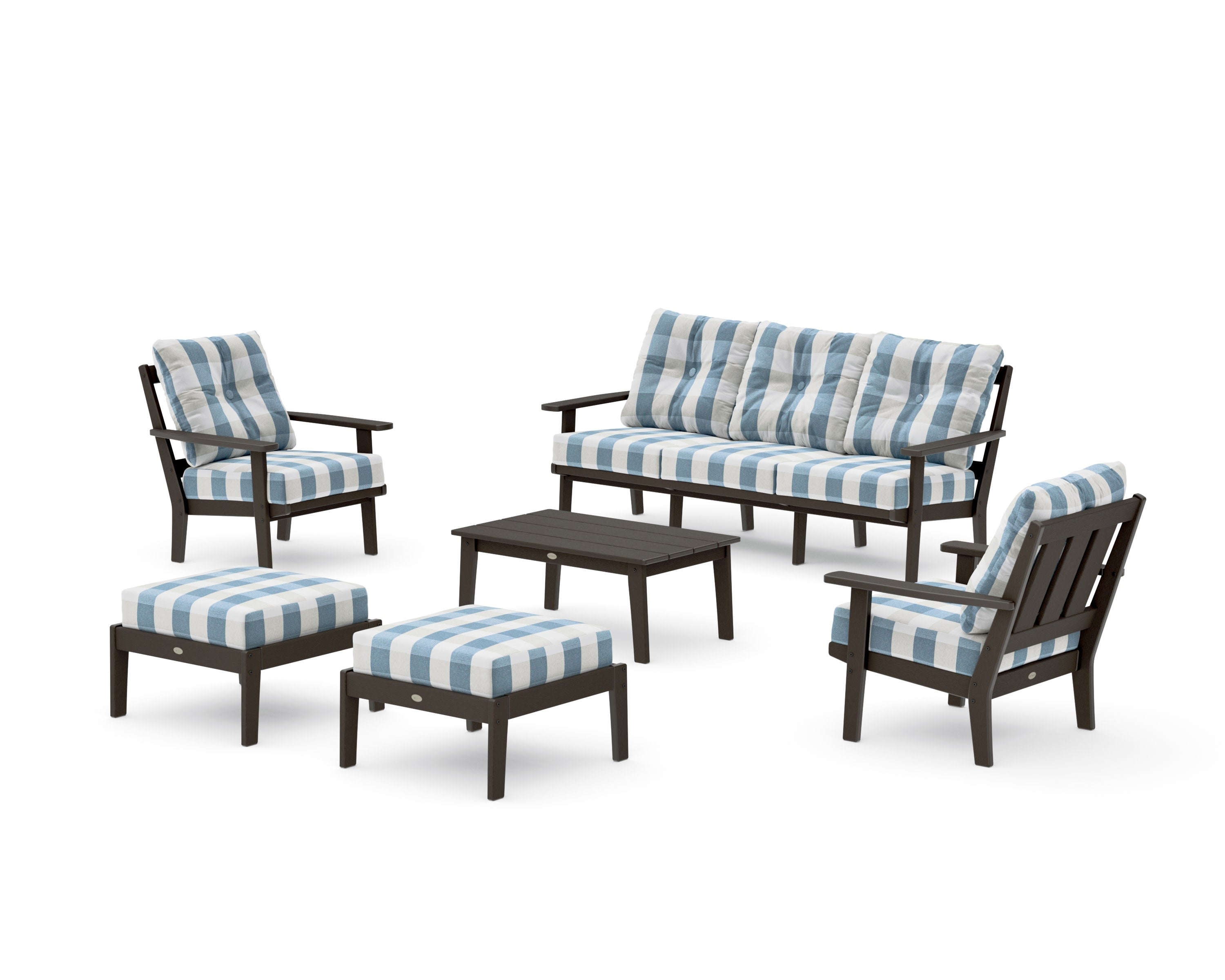 Oxford 6-Piece Lounge Sofa Set in Vintage Coffee / Buffalo Plaid Sky Blue