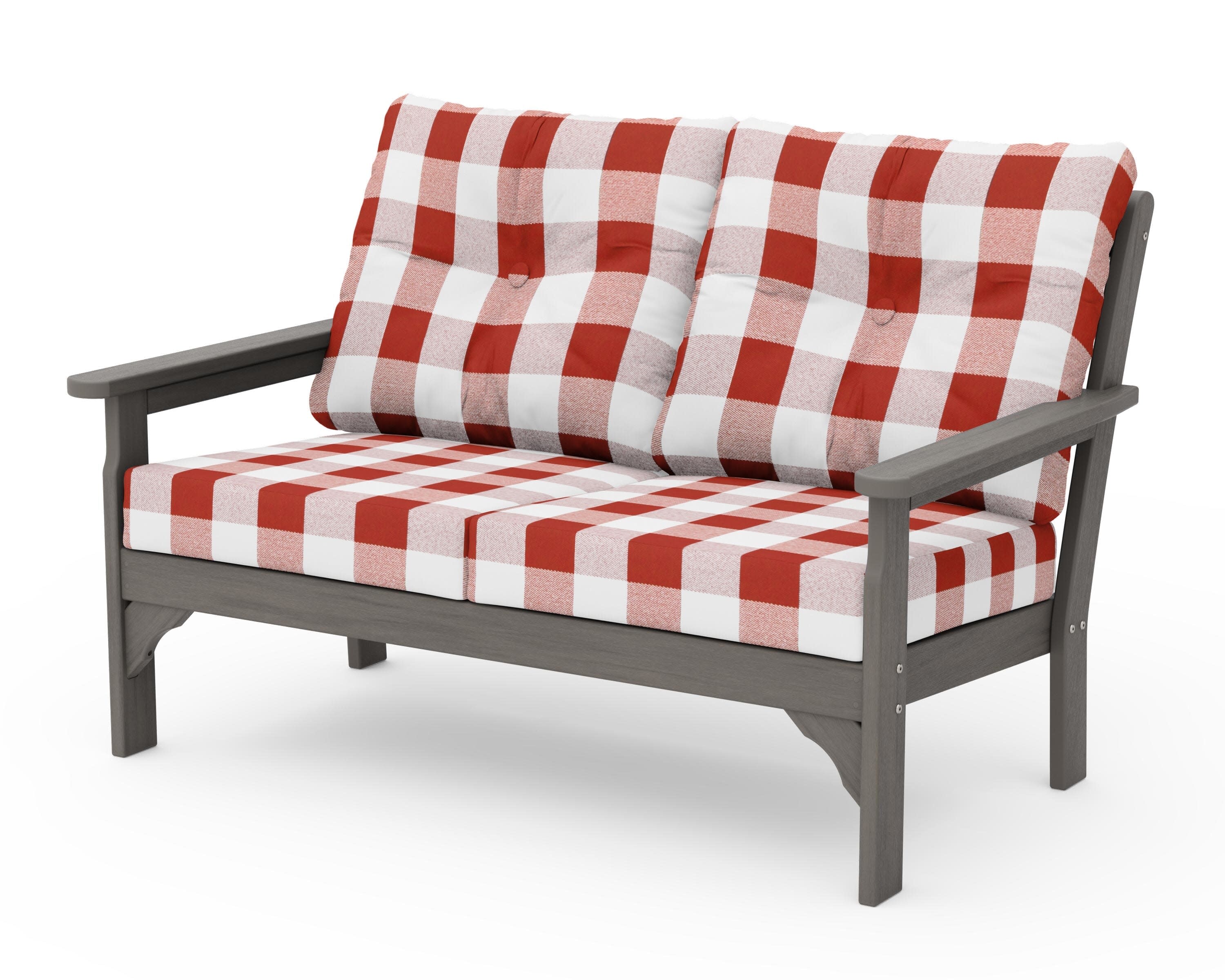 Vineyard Deep Seating Loveseat in Driftwood / Buffalo Plaid Crimson