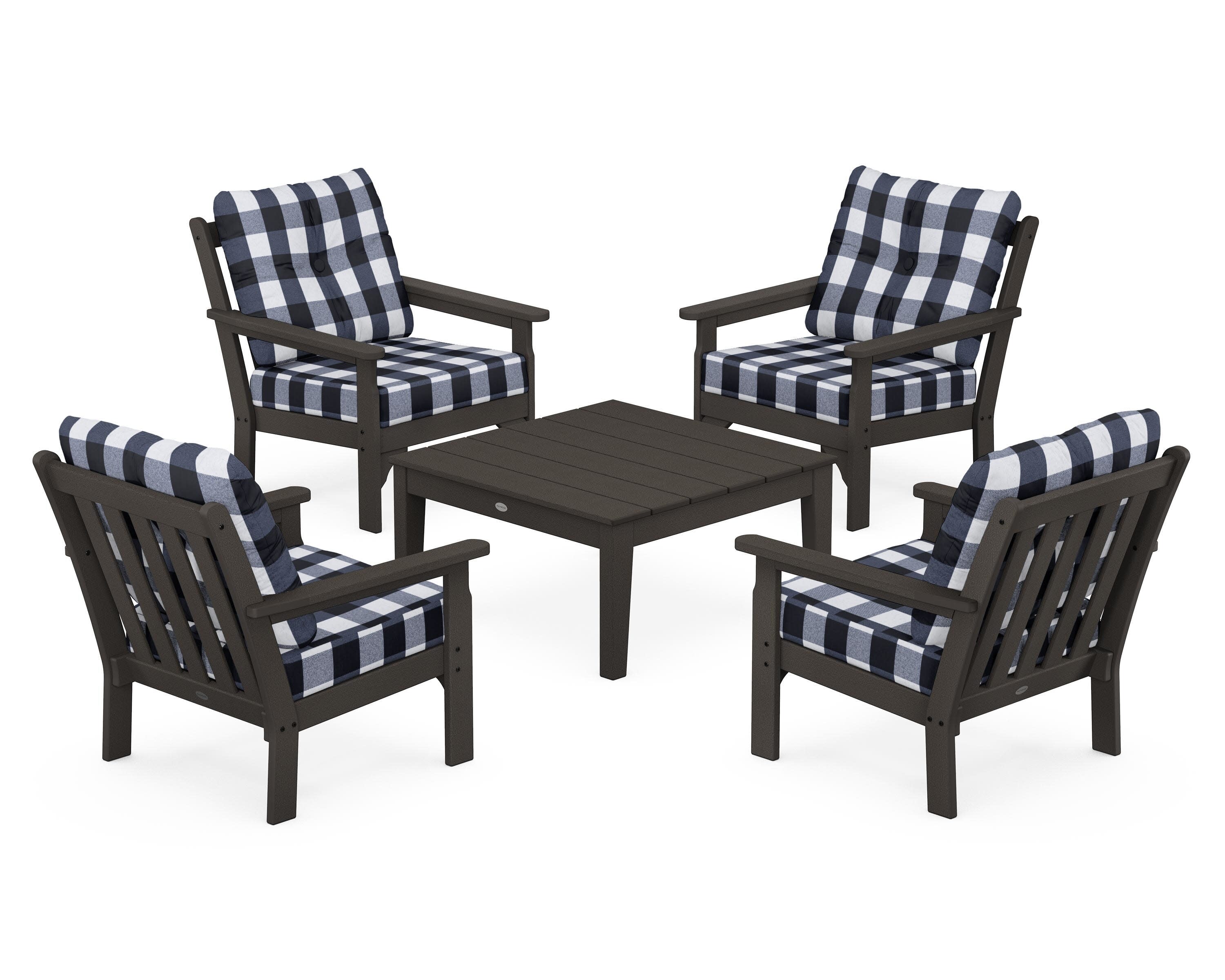 Vineyard 5-Piece Deep Seating Conversation Set in Vintage Coffee / Buffalo Plaid Marine Indigo