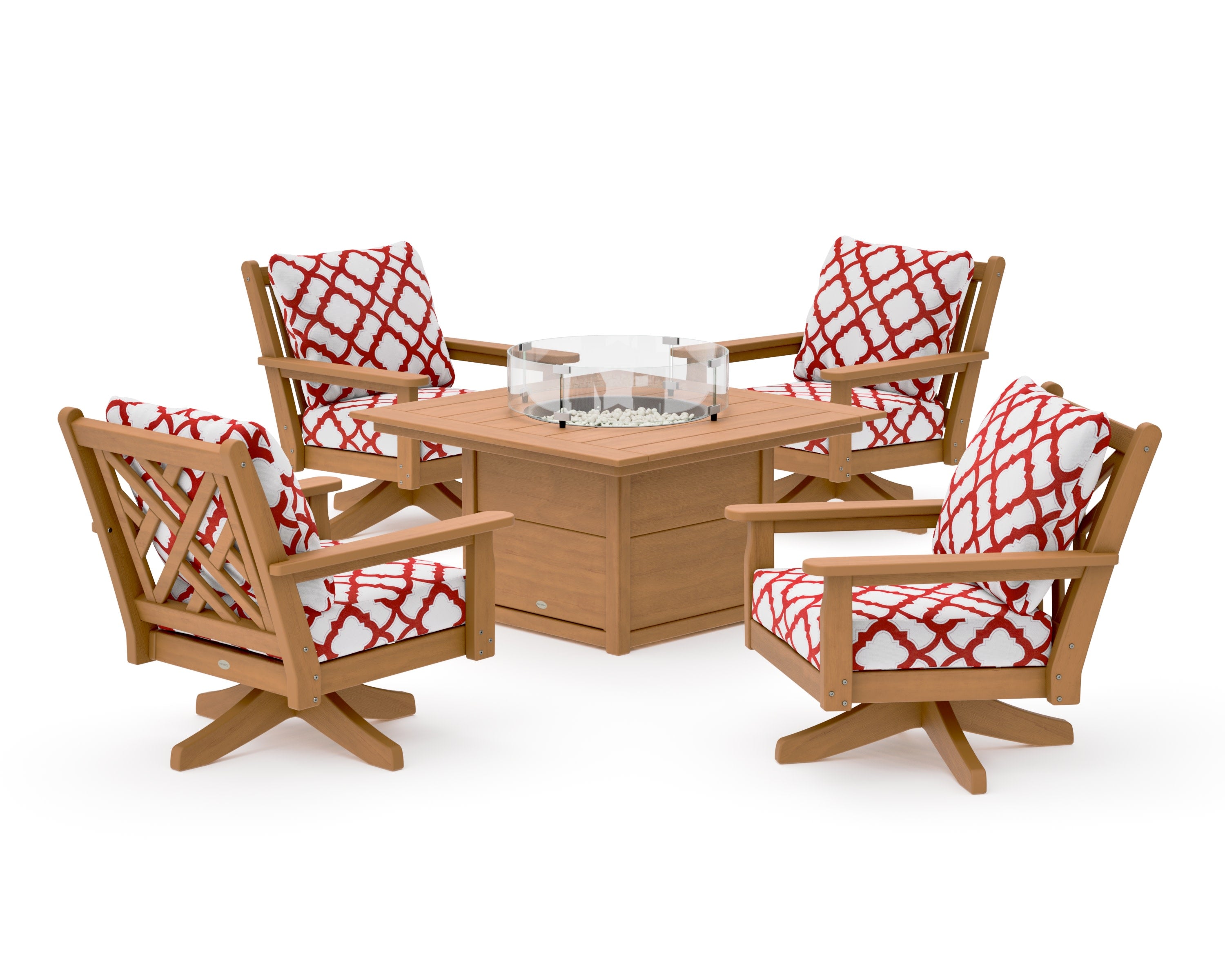 Chippendale 5-Piece Deep Seating Swivel Conversation Set with Fire Pit Table in Natural / Trellis Crimson