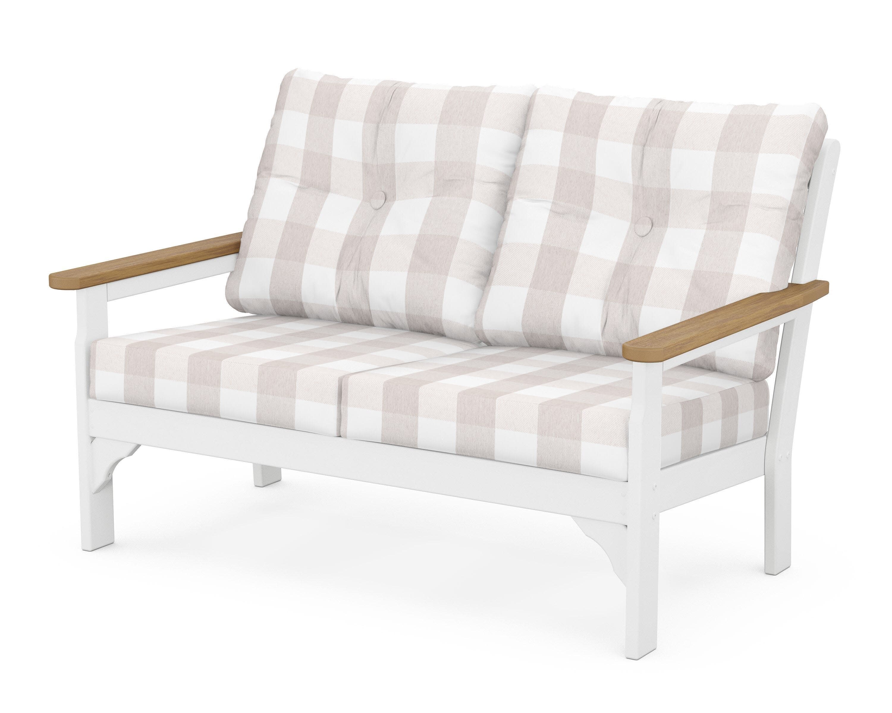 Vineyard Deep Seating Loveseat in White / Natural / Buffalo Plaid Dune Burlap