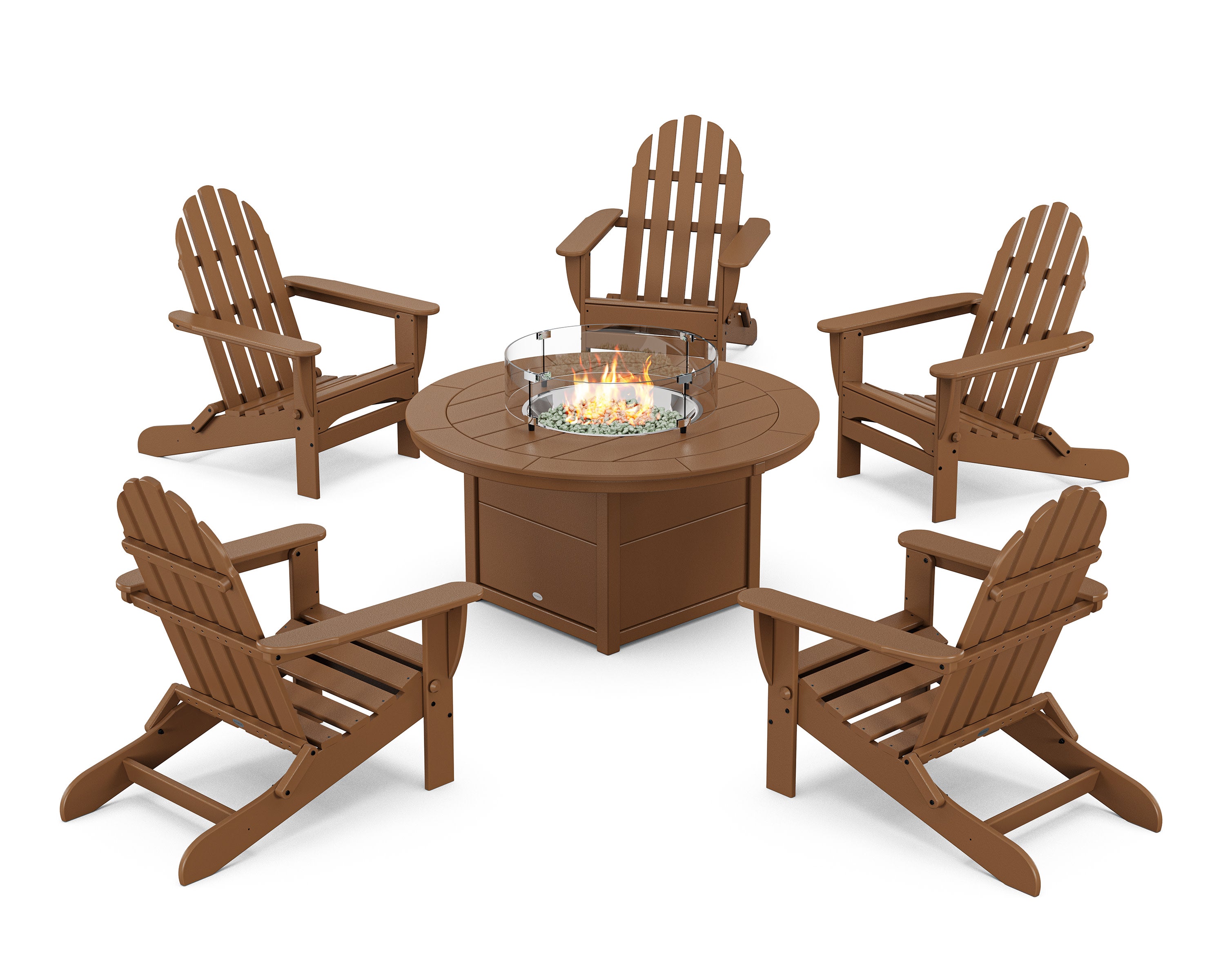 Classic Folding Adirondack 6-Piece Conversation Set with Fire Pit Table in Teak