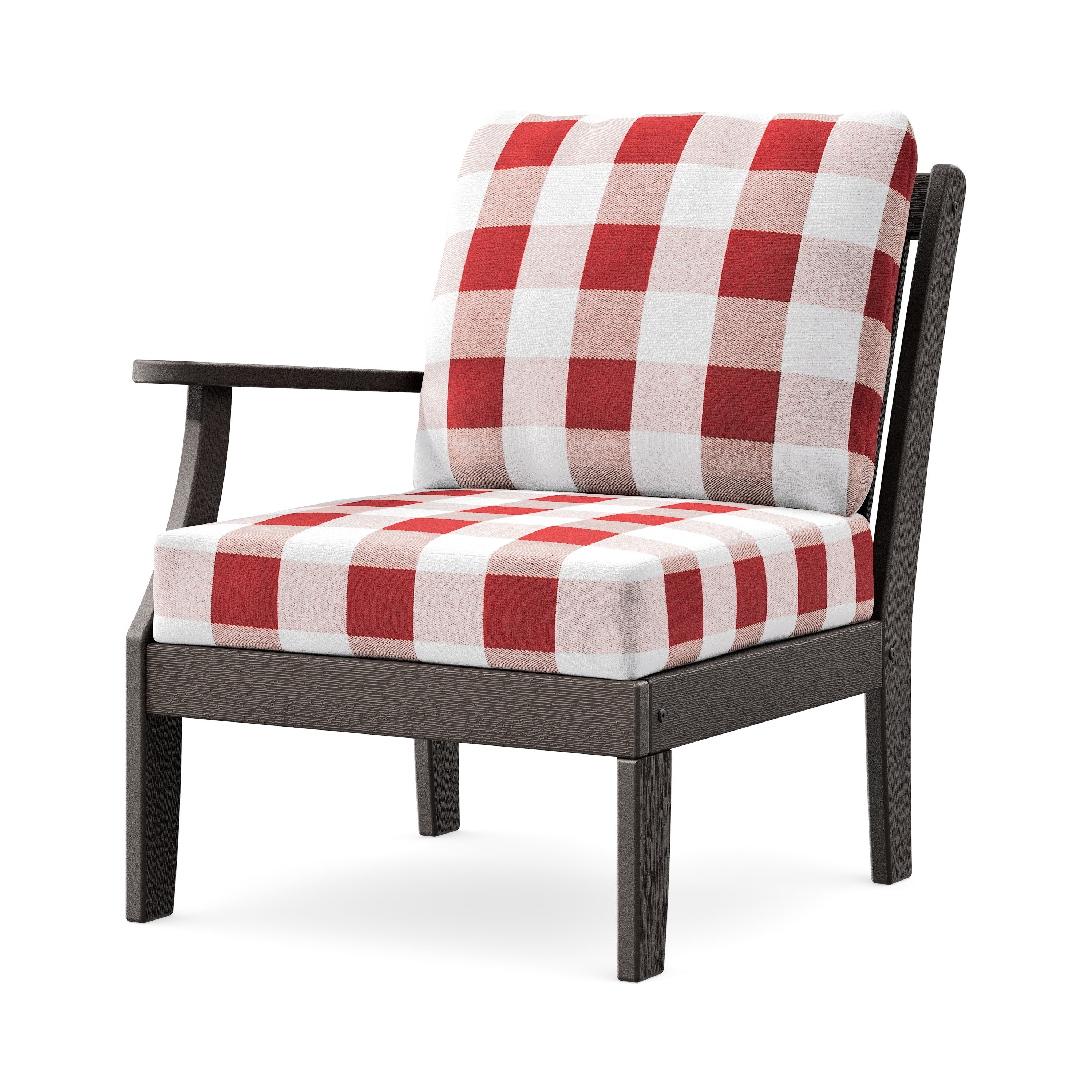 Braxton Modular Left Arm Chair in Vintage Coffee / Buffalo Plaid Crimson