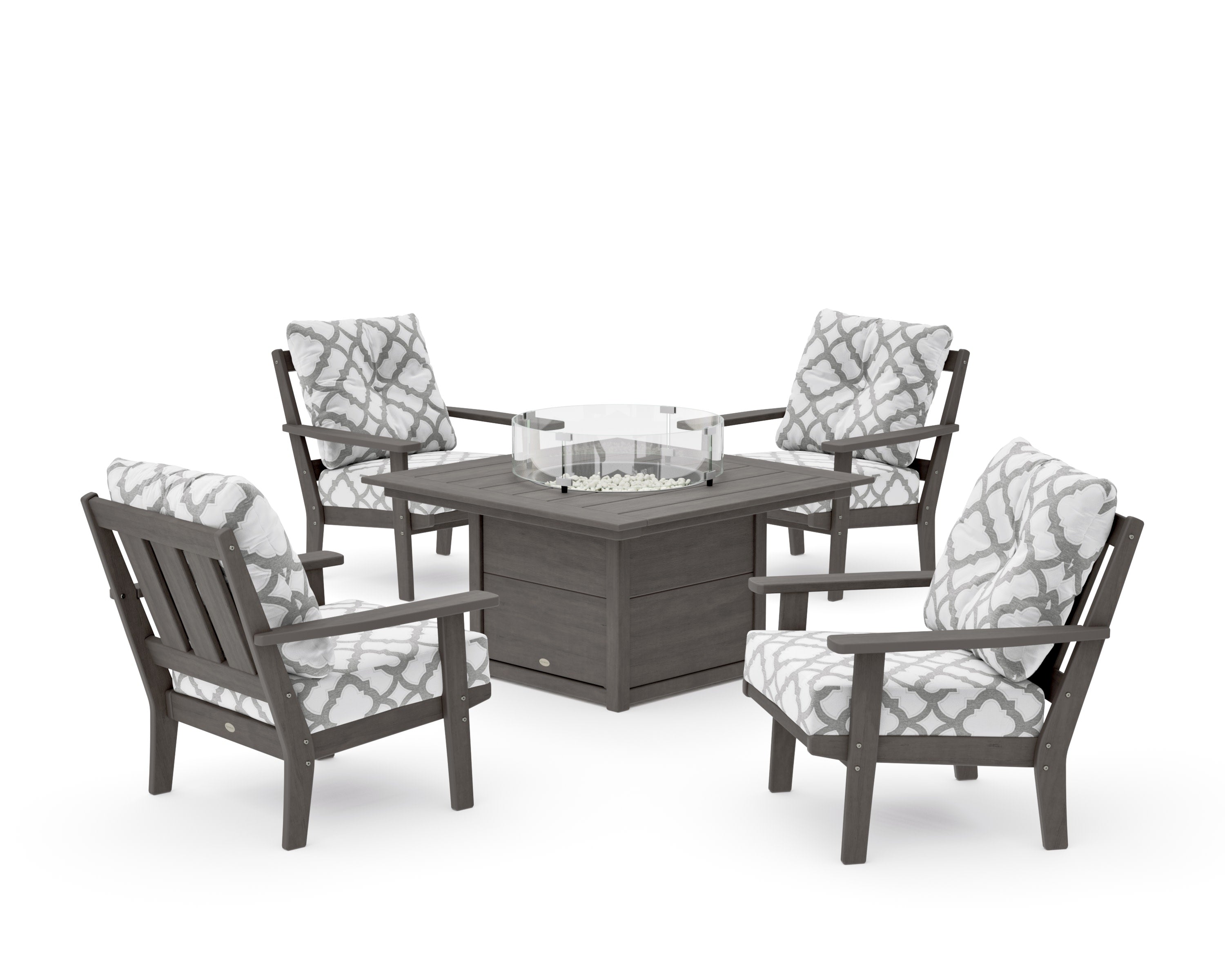 Oxford 5-Piece Deep Seating Set with Fire Pit Table in Driftwood / Trellis Grey Mist